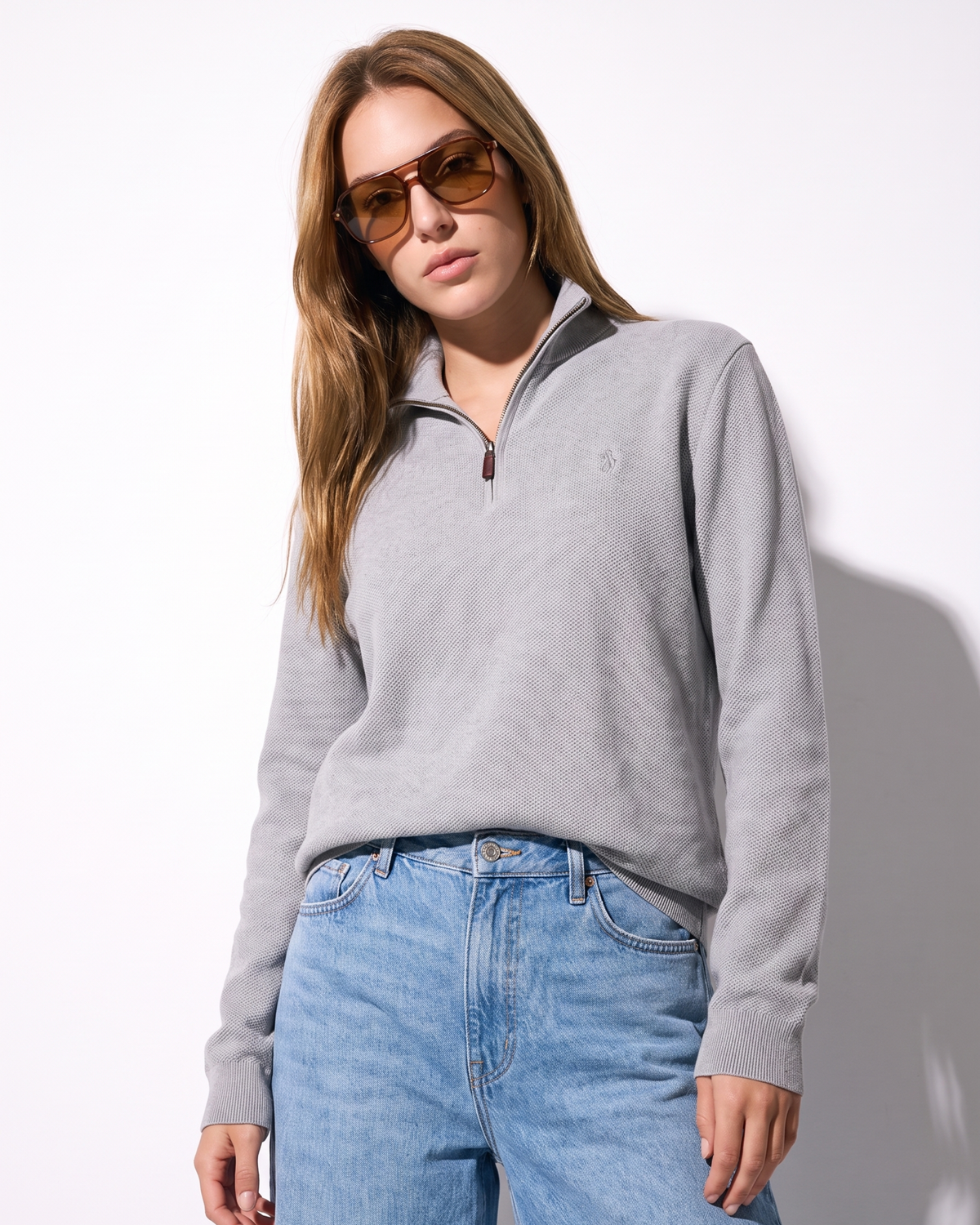 סריג חצי רוכסן אפור בהיר לוגו אפור Polo Ralph Lauren