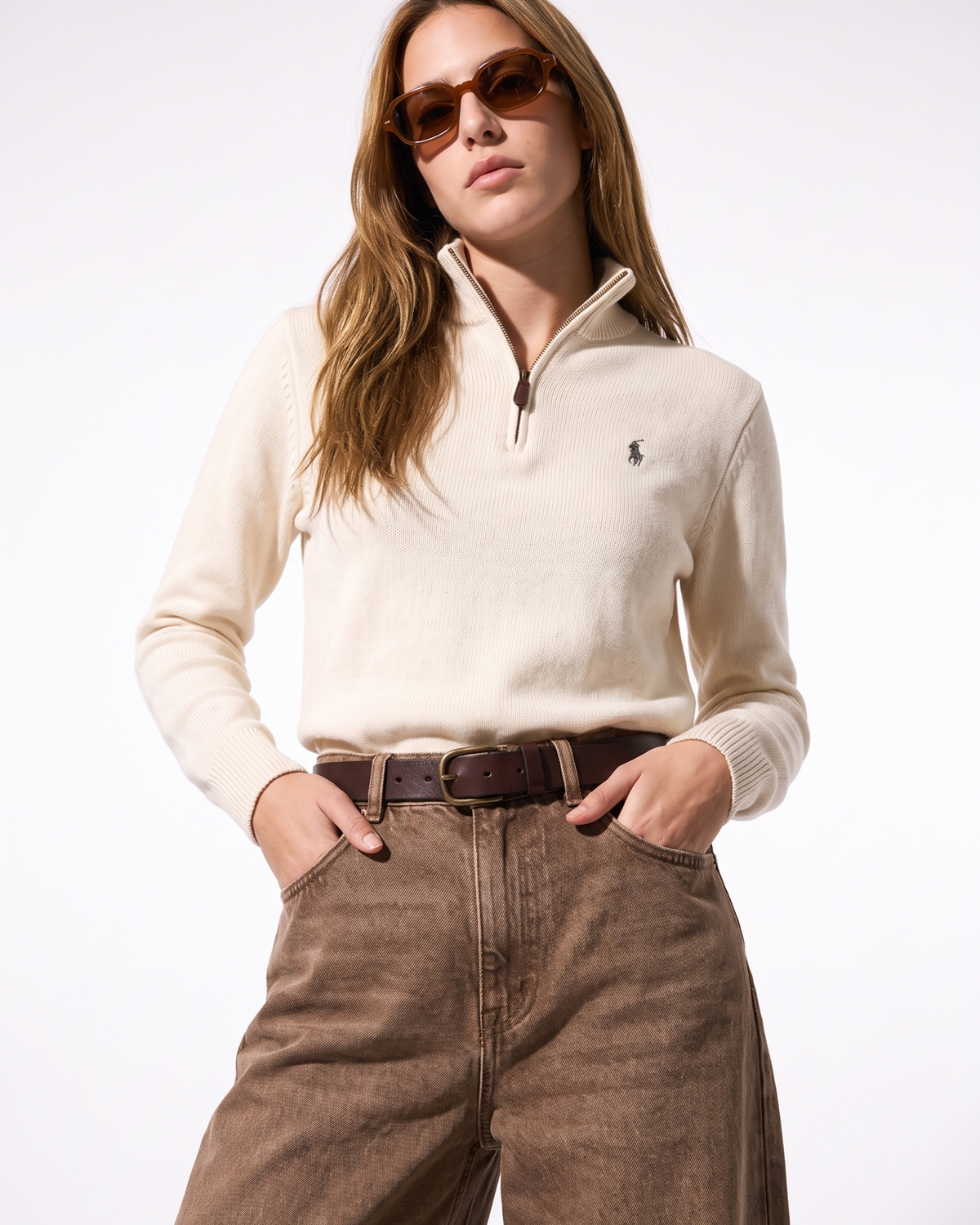 סריג חצי רוכסן שמנת מצמר לוגו אפור לנשים Polo Ralph Lauren