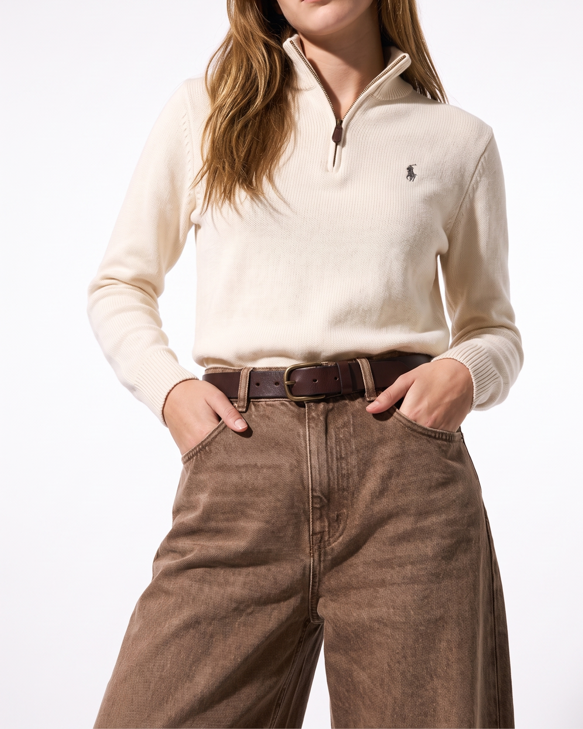 סריג חצי רוכסן שמנת מצמר לוגו אפור לנשים Polo Ralph Lauren