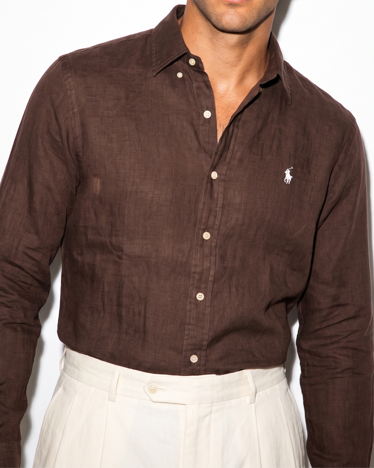מכופתרת פשתן חומה לוגו לבן Polo Ralph Lauren