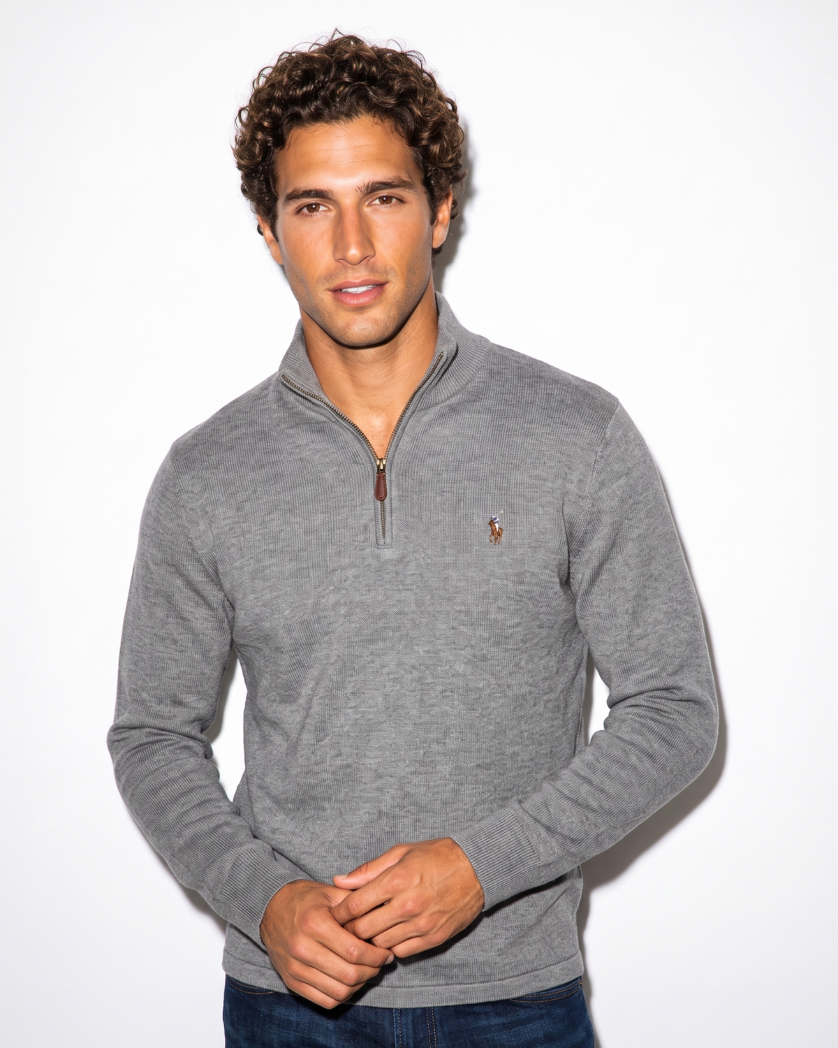סריג חצי רוכסן אפור לוגו צבעוני Polo Ralph Lauren