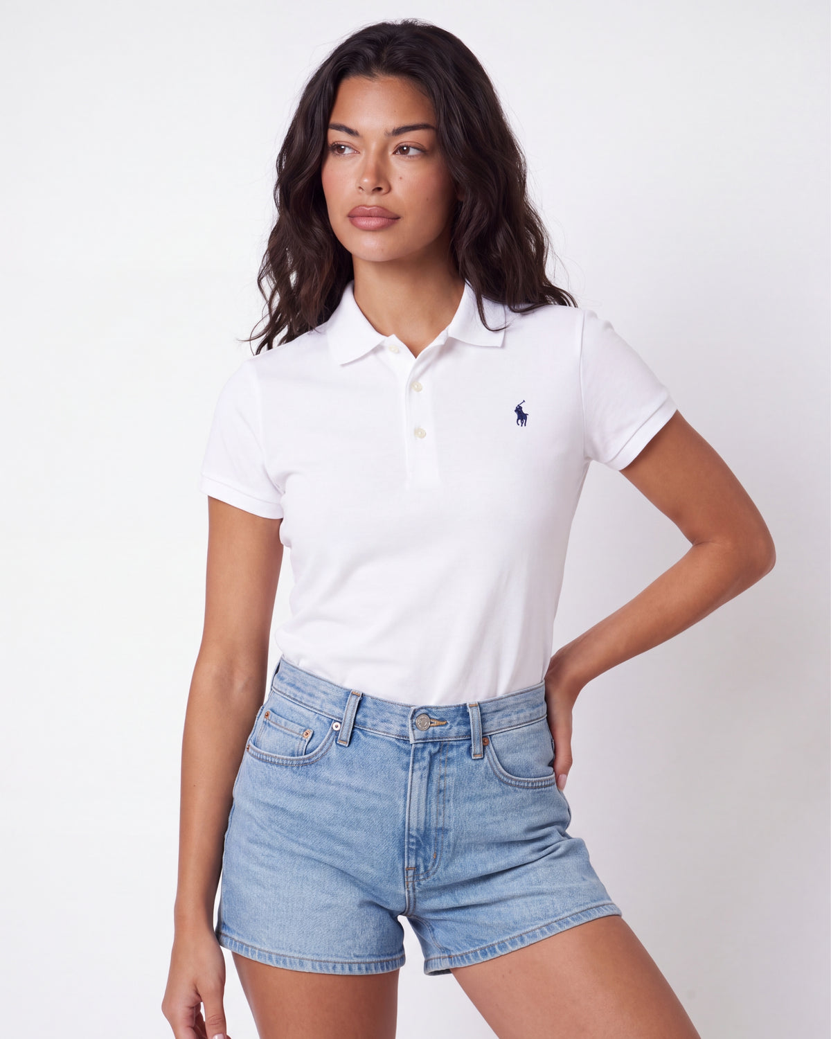 חולצת פולו בד פיקה לבנה לנשים לוגו נייבי Polo Ralph Lauren