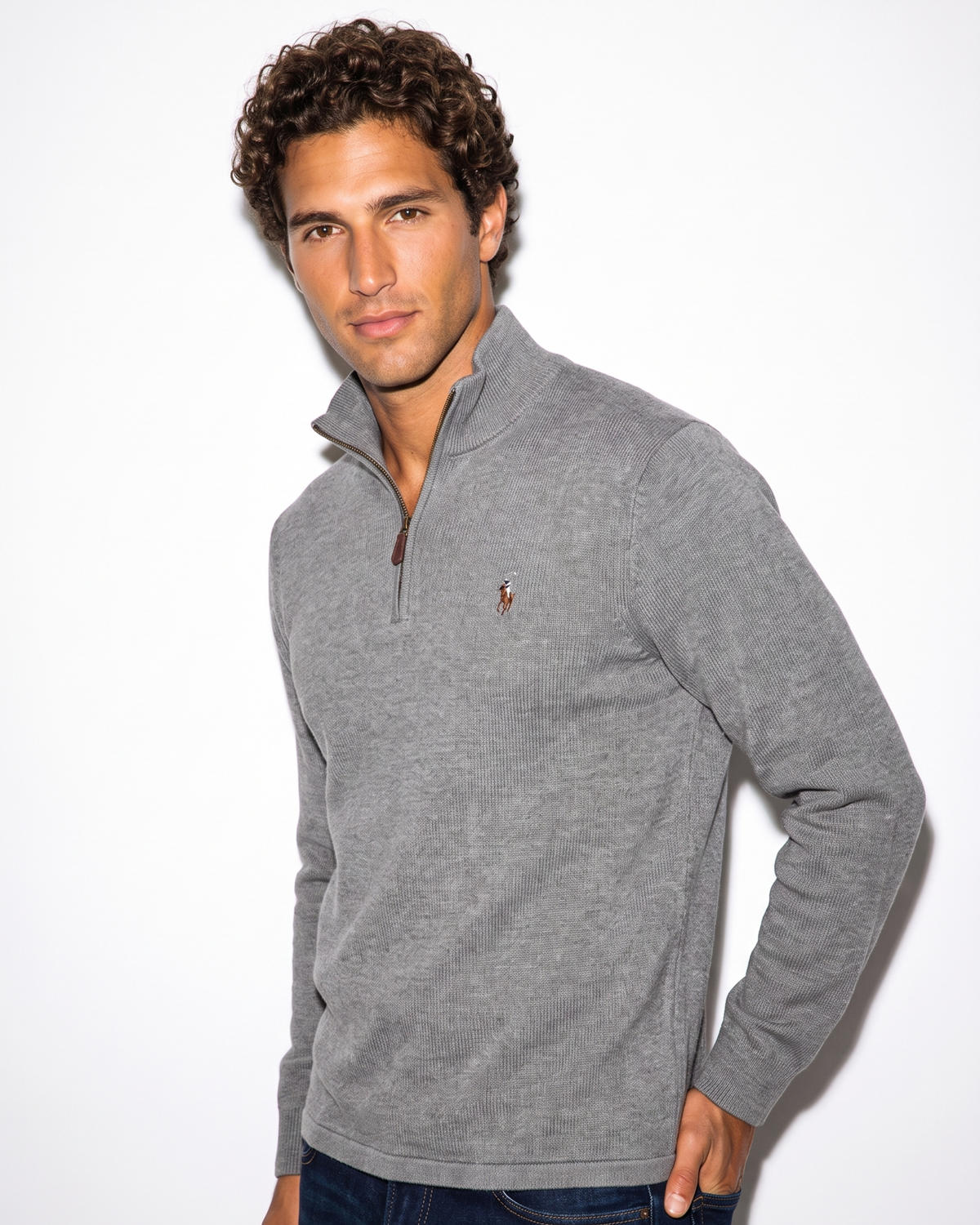 סריג חצי רוכסן אפור לוגו צבעוני Polo Ralph Lauren