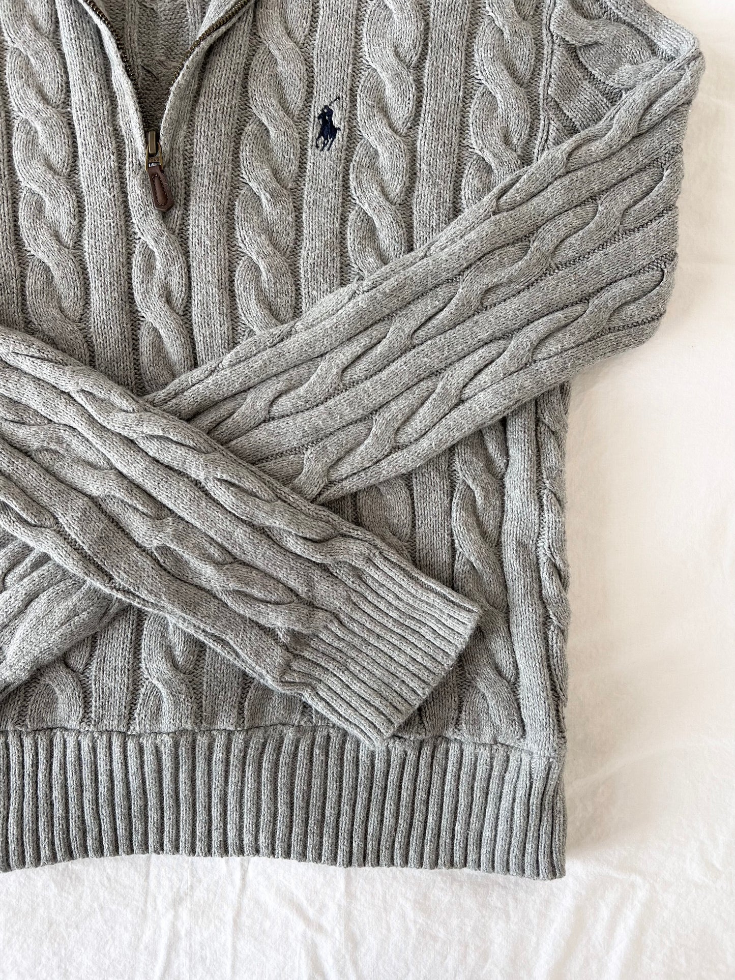 Gray half-zip cable knit sweater