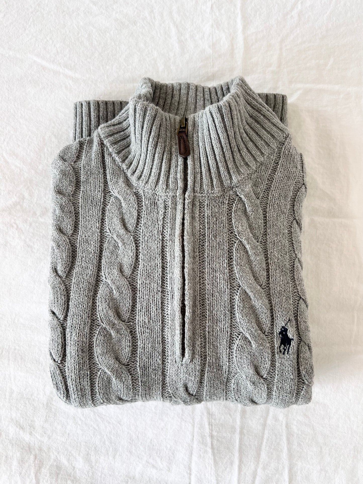 Gray half-zip cable knit sweater