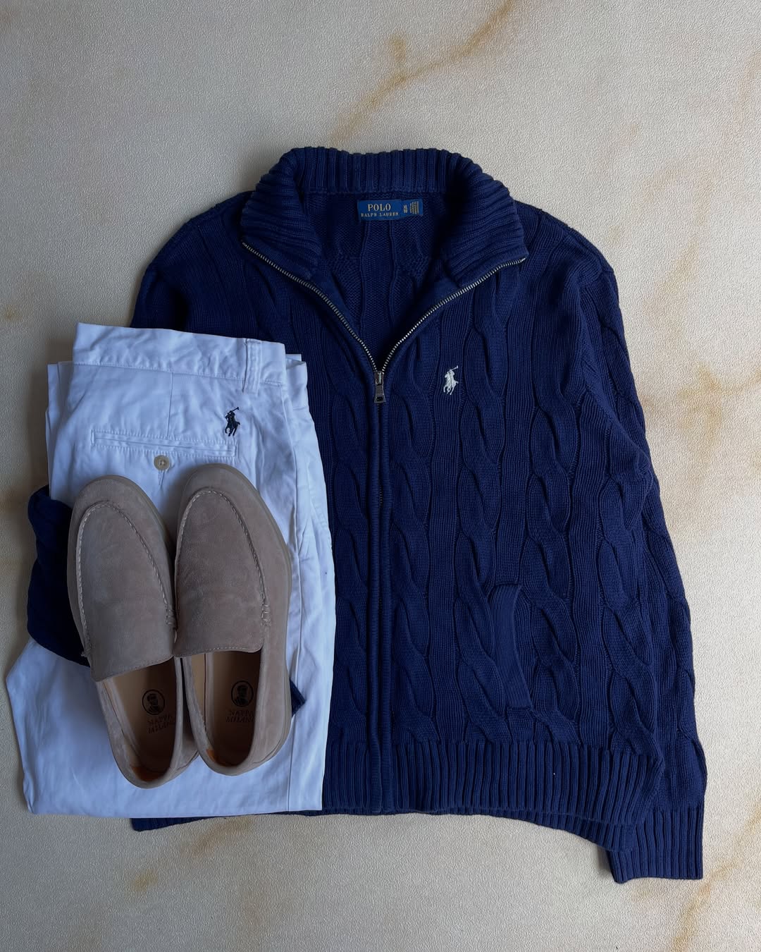 Cable Knit Full-Zip Sweater Ralph Lauren - Navy blue&White
