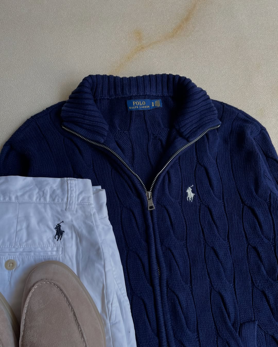 Cable Knit Full-Zip Sweater Ralph Lauren - Navy blue&White
