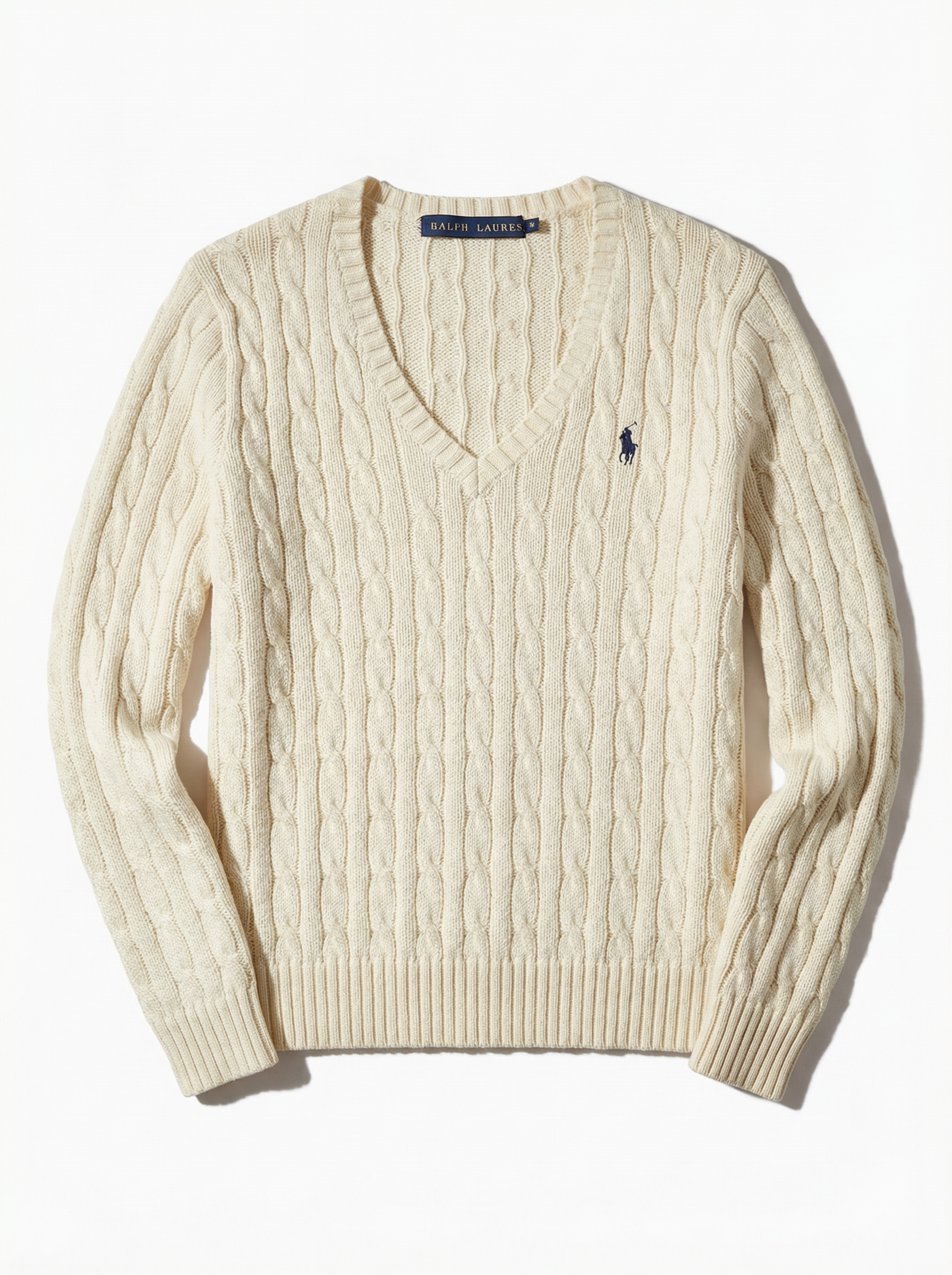 סריג צמות שמנת v מכותנה לנשים Polo Ralph Lauren