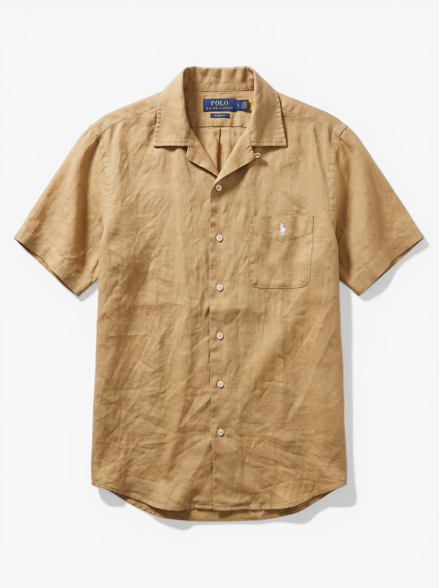 מכופתרת פשתן חום בהיר לוגו לבן שרוול קצר עם כיס Polo Ralph Lauren