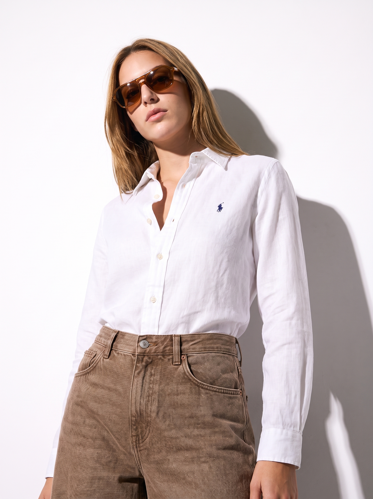 מכופתרת פשתן לבנה לנשים לוגו נייבי Polo Ralph Lauren