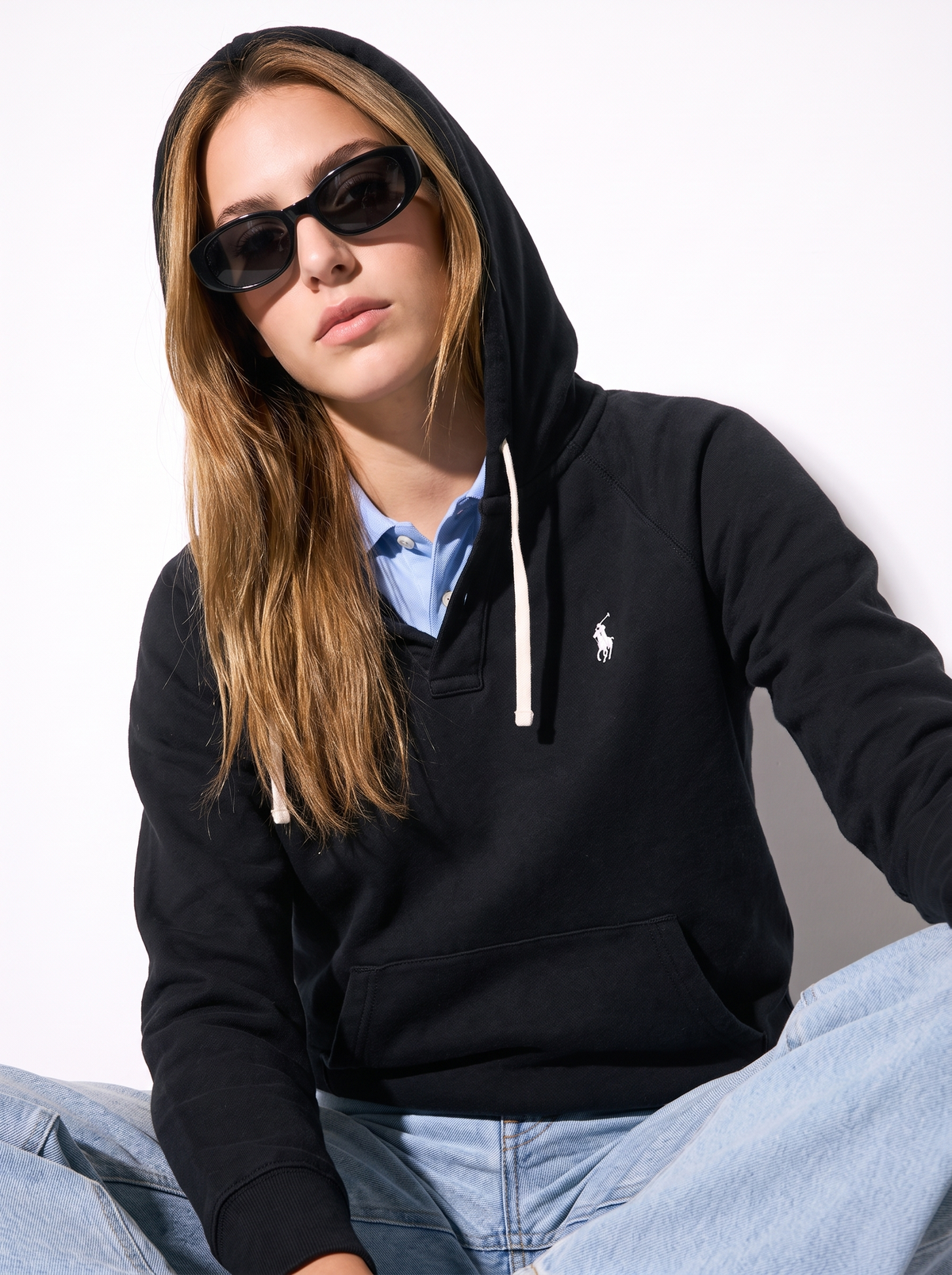 קפוצ׳ון שחור לנשים לוגו לבן Polo Ralph Lauren