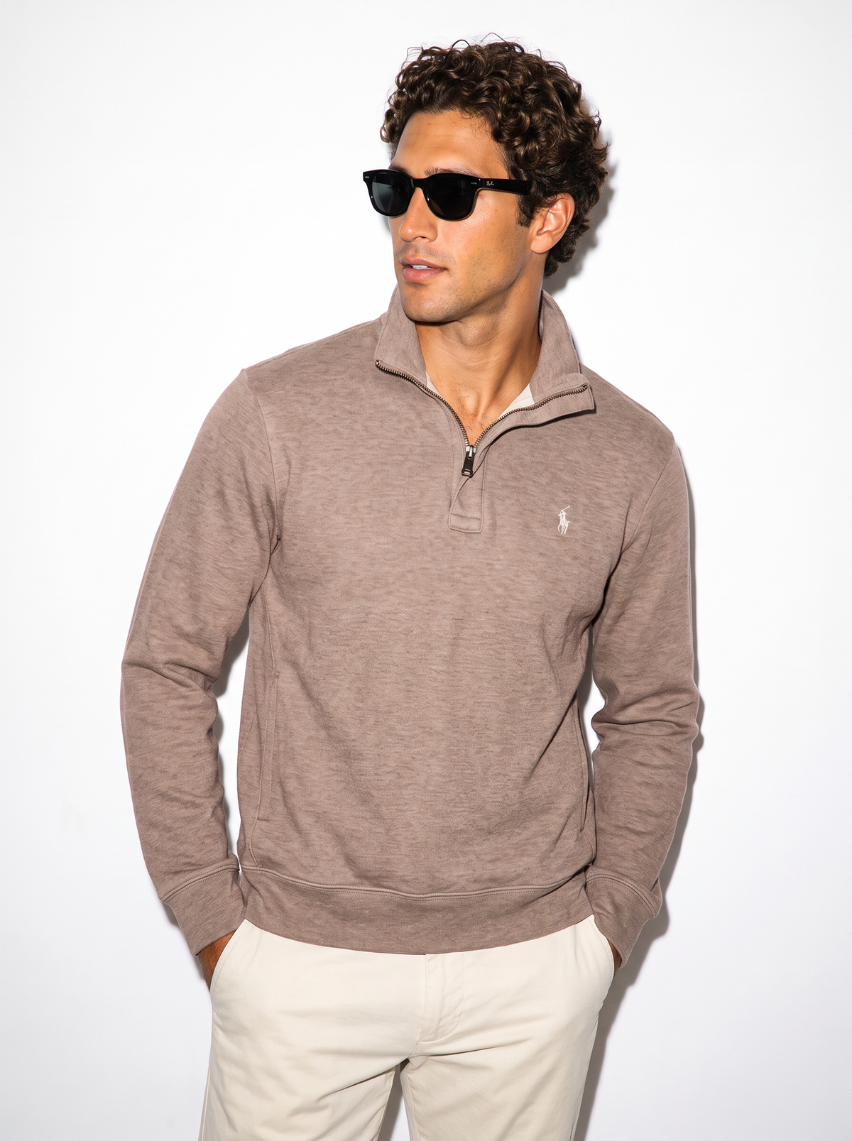 סריג חצי רוכסן חום לוגו לבן Polo Ralph Lauren
