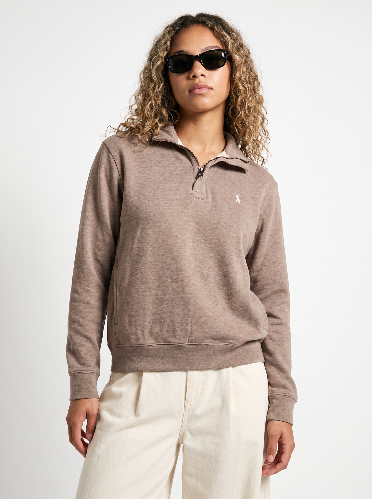סריג חצי רוכסן חום לוגו לבן Polo Ralph Lauren