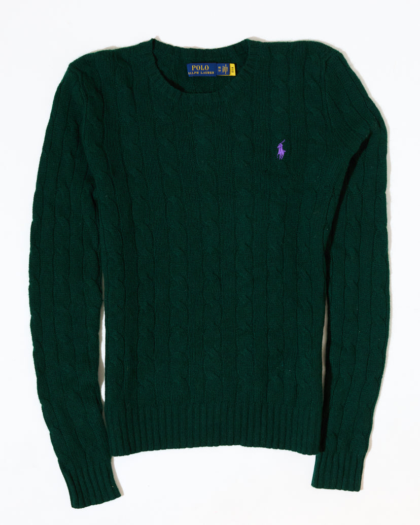 RL Forest Green Cable Knit Sweater & Purple Logo