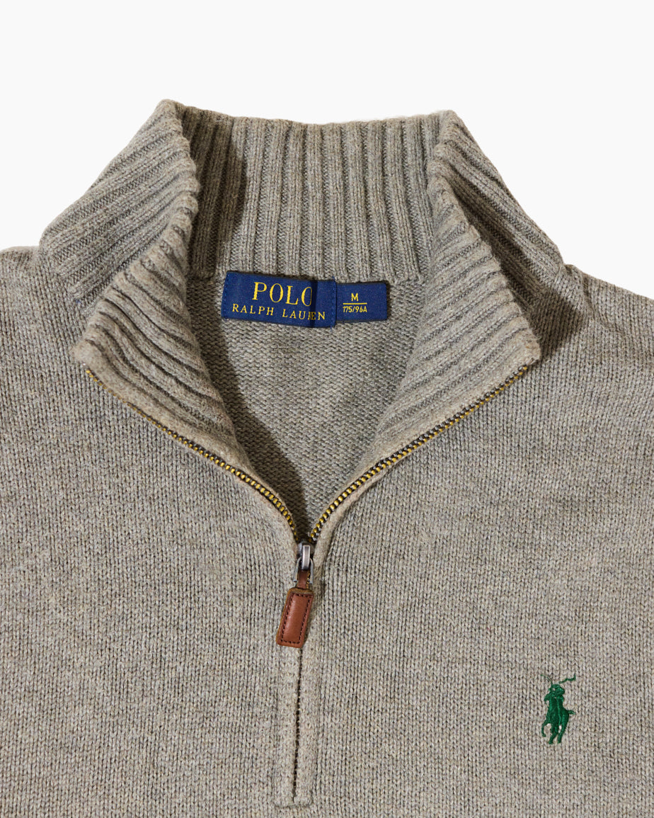 RL Grey Quarter-Zip Knit Sweater & Green Logo