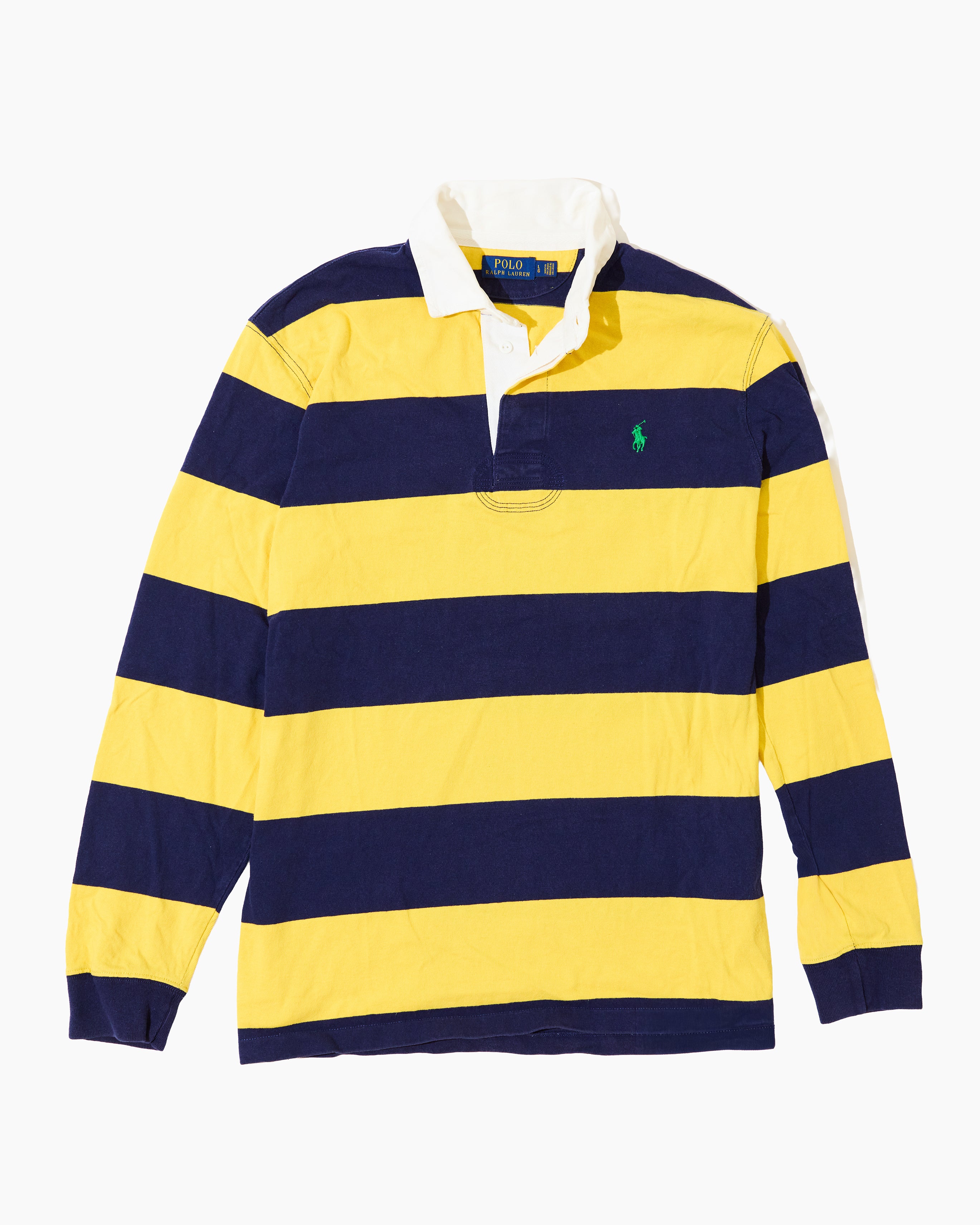 RL Yellow & Navy Striped Rugby Shirt & Green Logo (L)