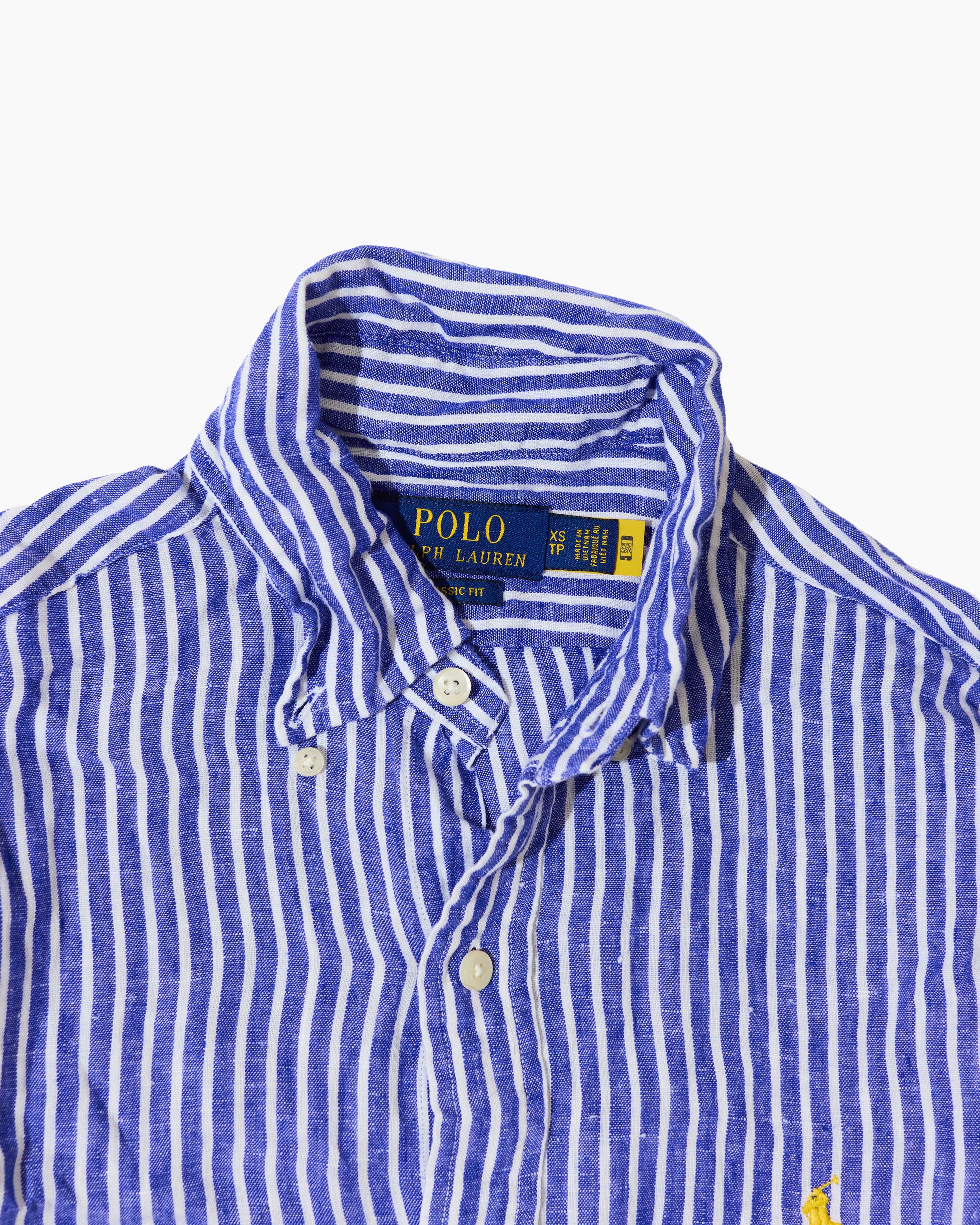RL Blue & White Striped Button-Down Shirt & Gold Logo (XS)