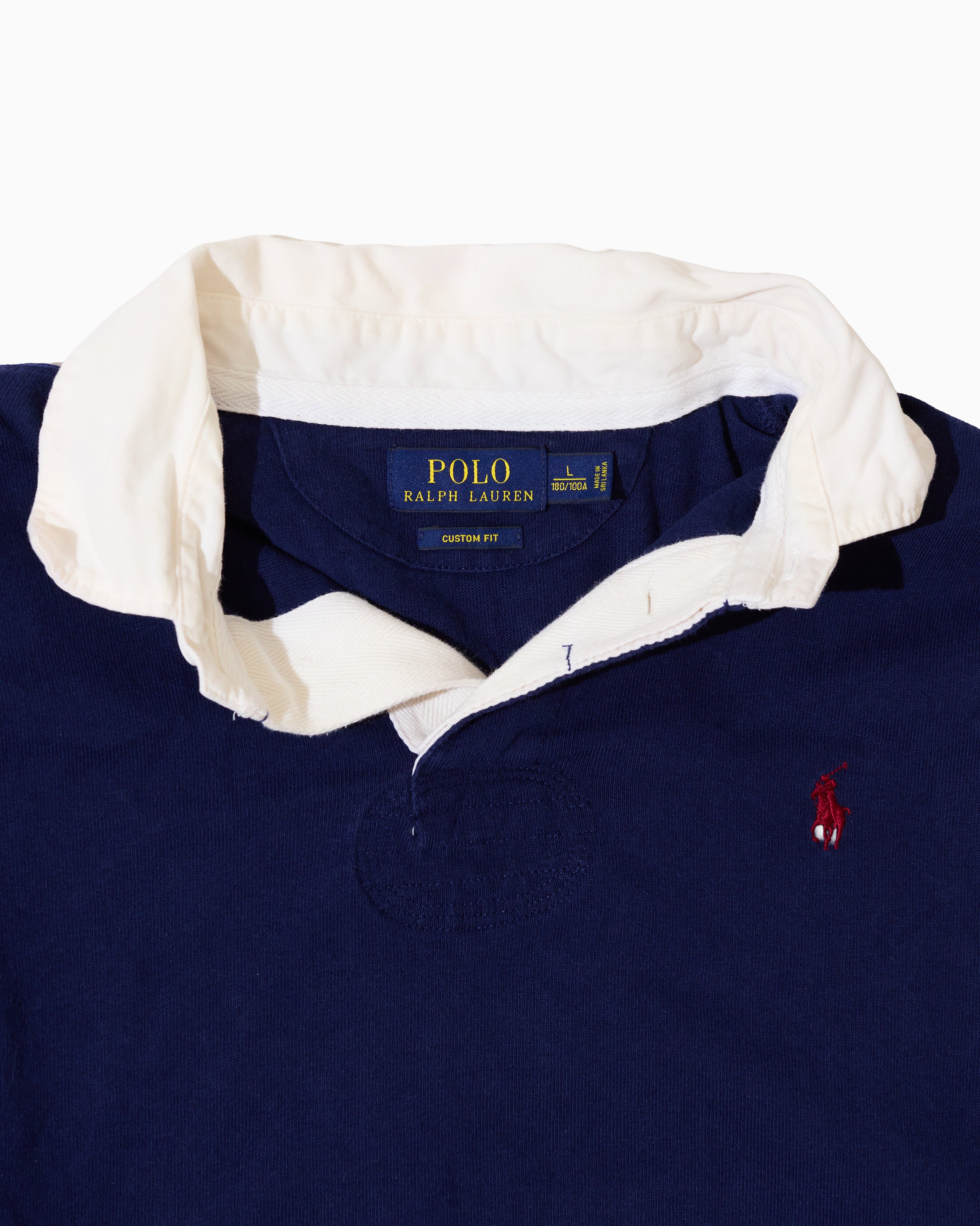 RL Navy Rugby Shirt with White Collar & Red Logo (L)