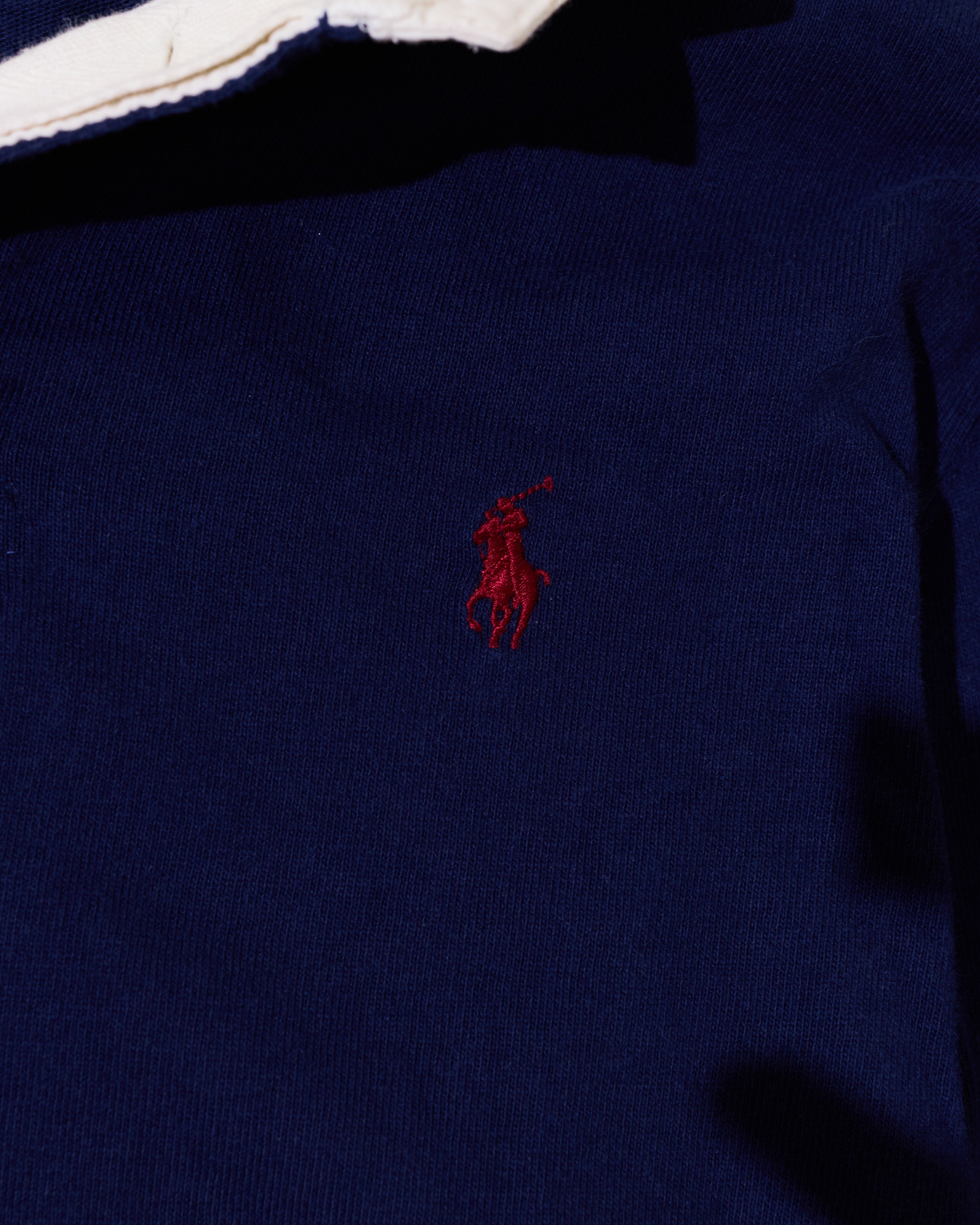 RL Navy Rugby Shirt with White Collar & Red Logo (L)