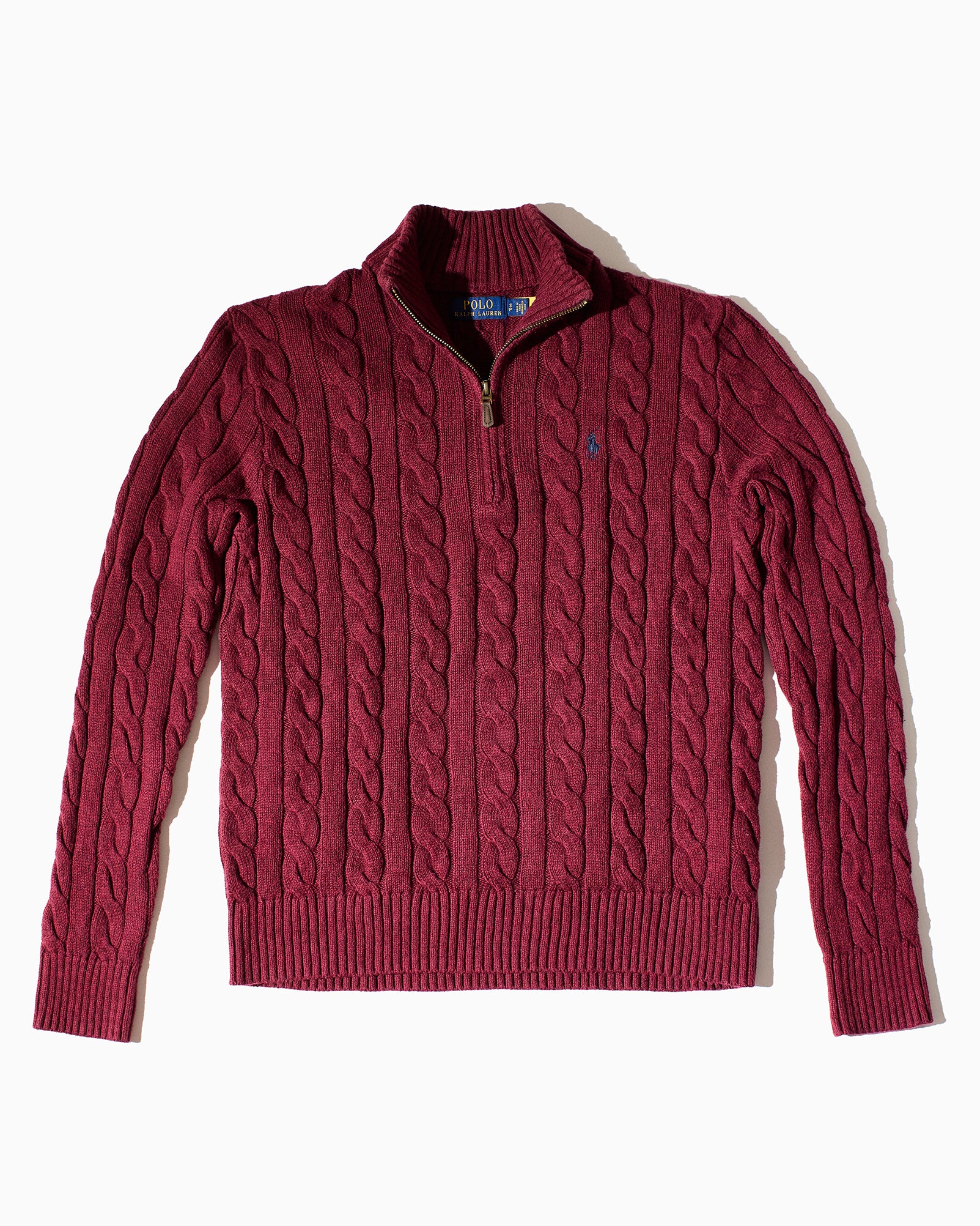 RL Bordeaux & Navy Logo Cable Knit Half-Zip