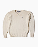 RL Beige & Navy Logo V-Neck Sweater