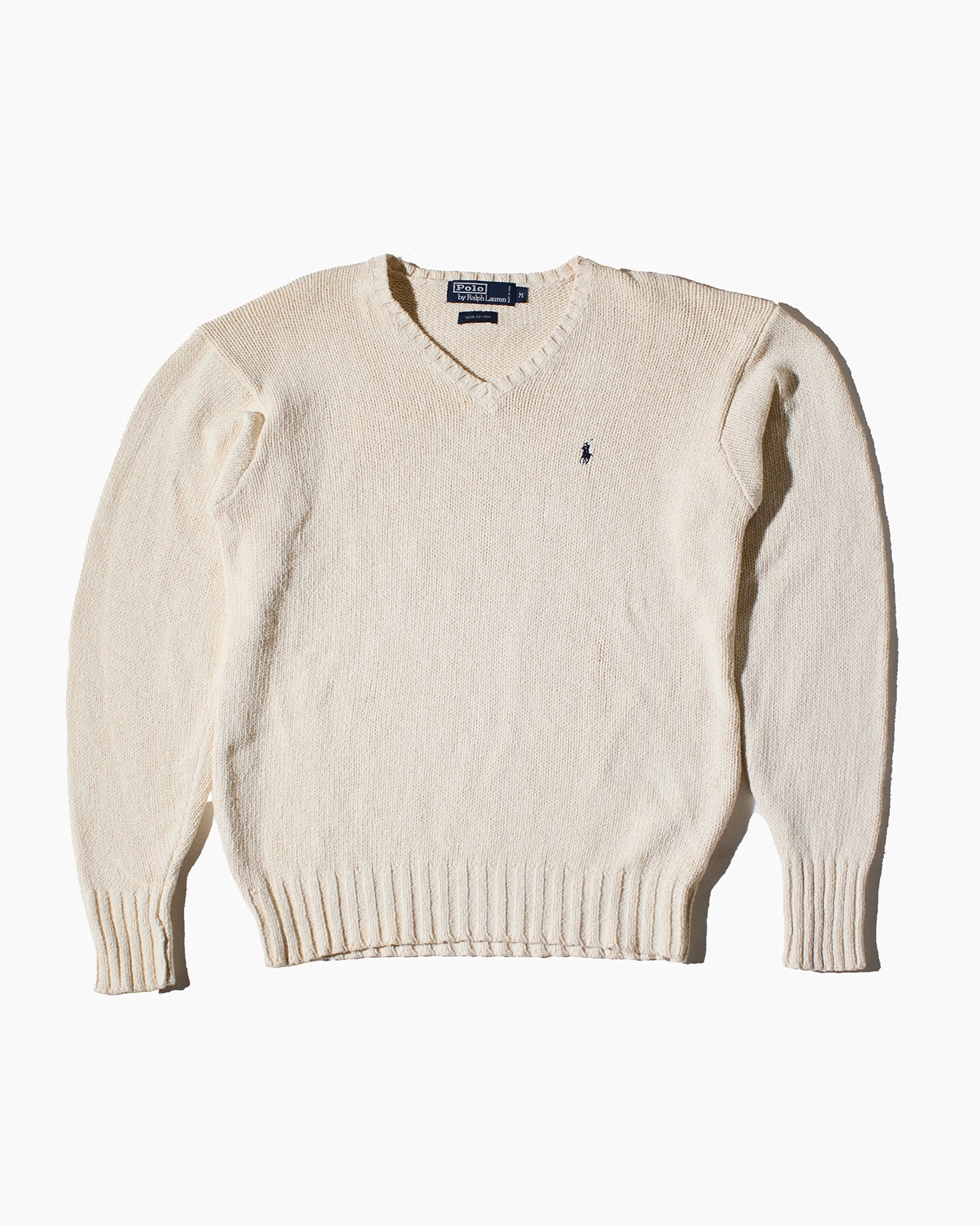 RL Beige & Navy Logo V-Neck Sweater