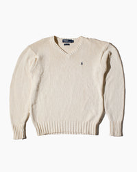 RL Beige & Navy Logo V-Neck Sweater