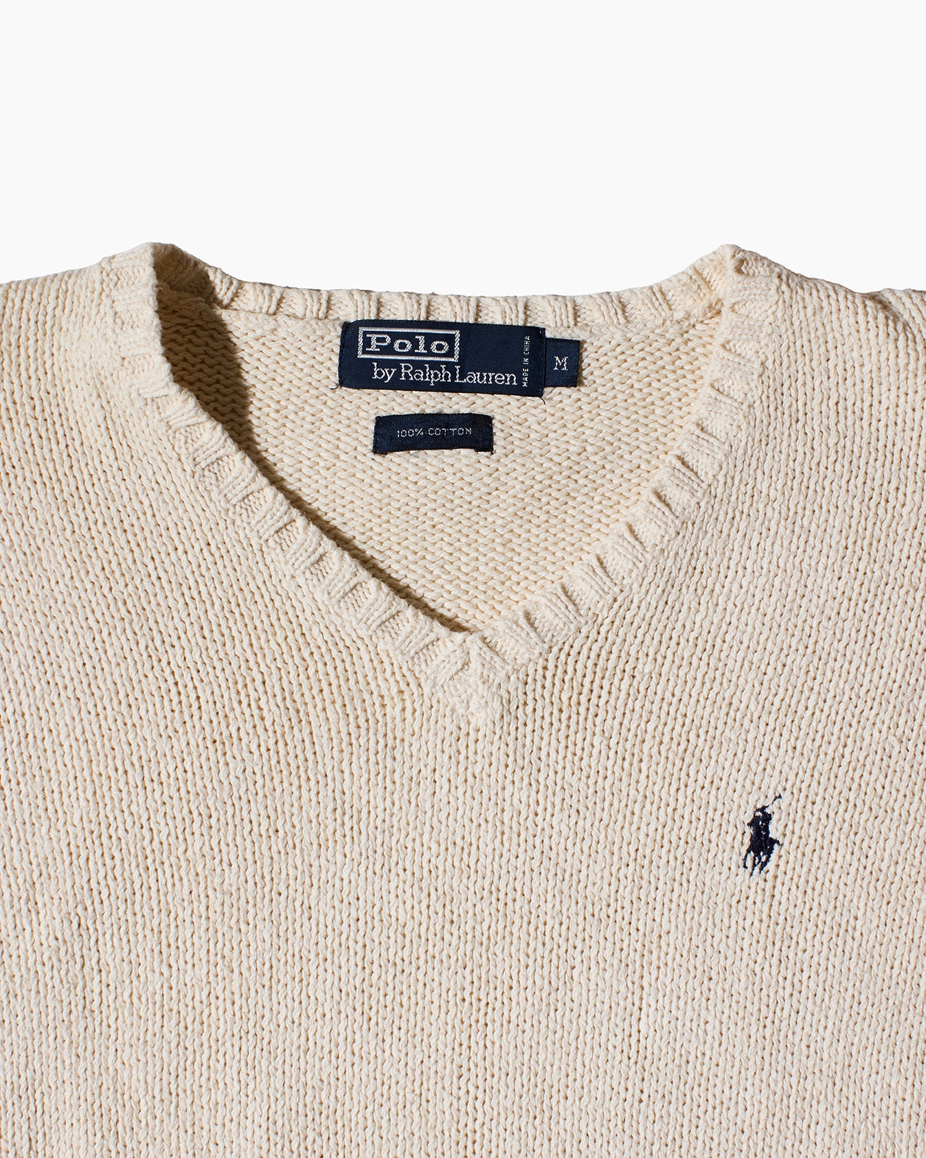 RL Beige & Navy Logo V-Neck Sweater