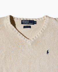 RL Beige & Navy Logo V-Neck Sweater
