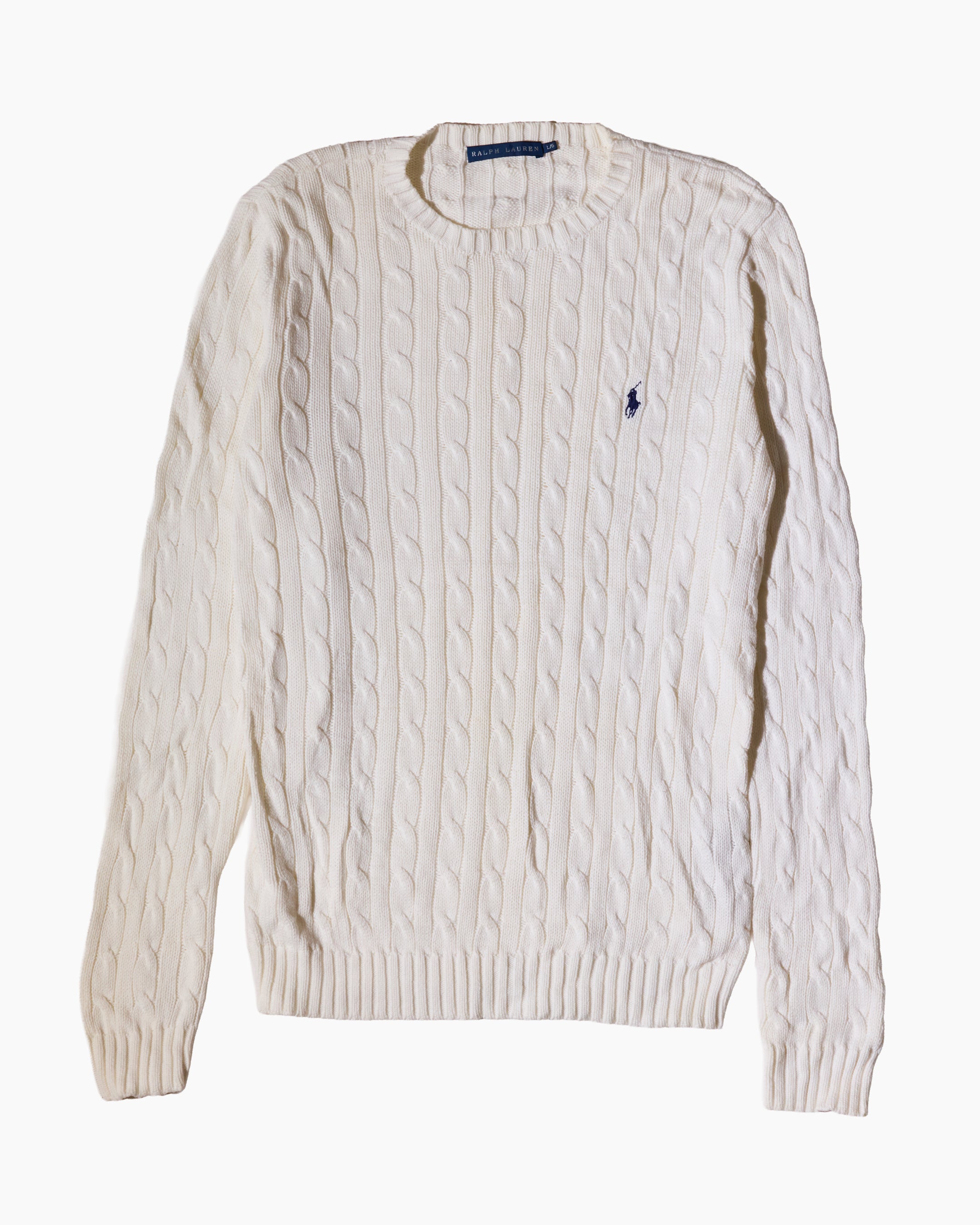 RL White & Navy Logo Cable knit