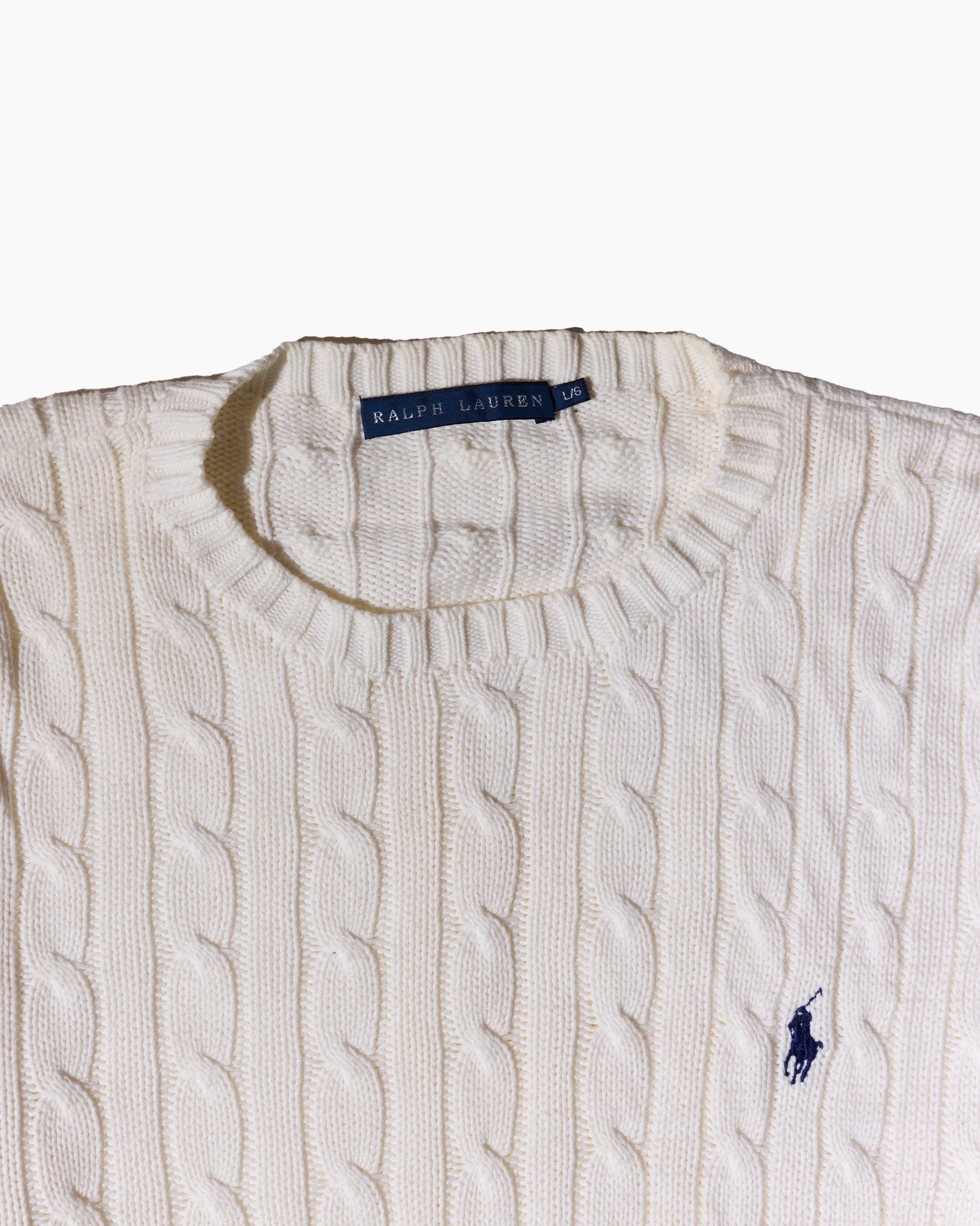 RL White & Navy Logo Cable knit