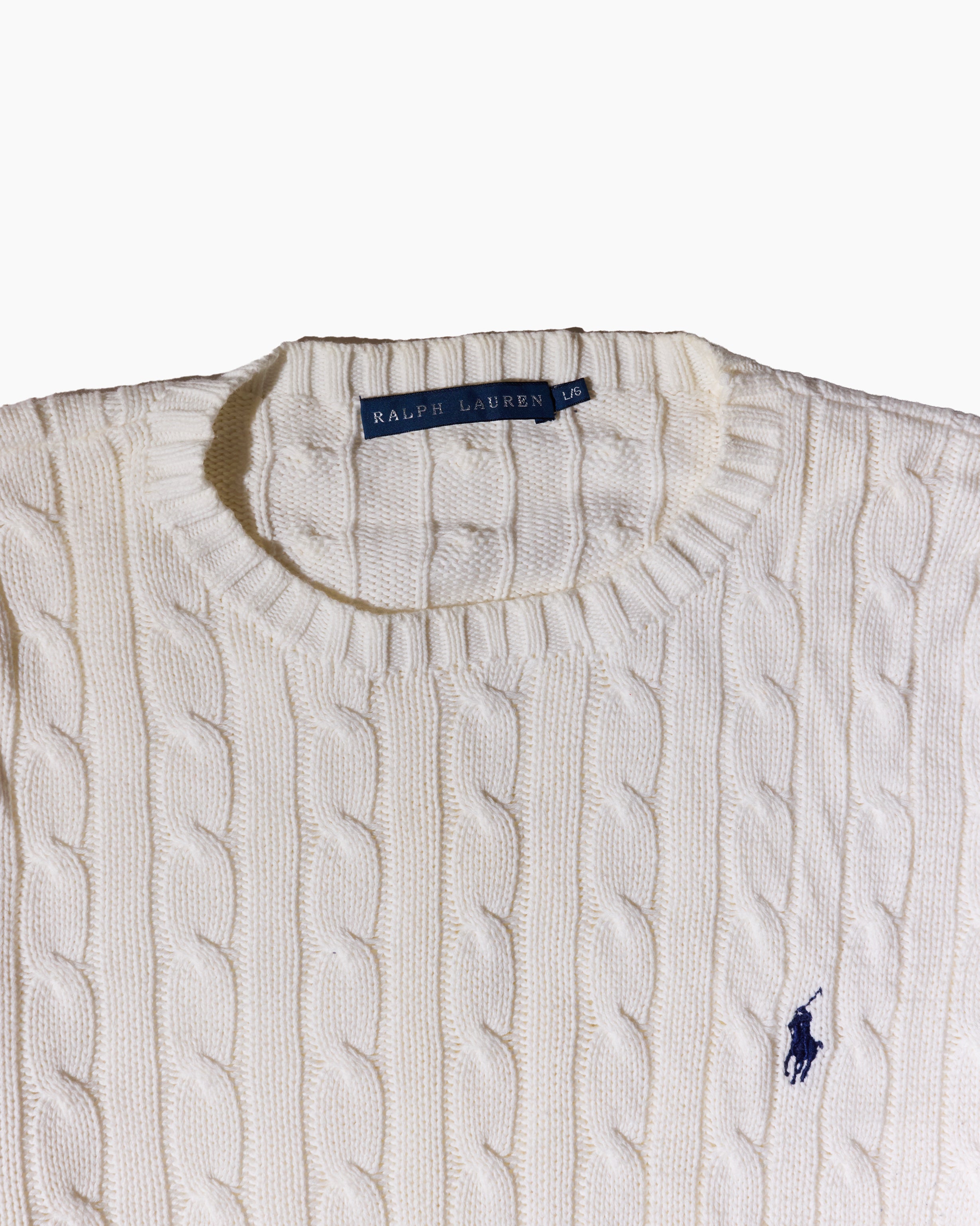 RL White & Navy Logo Cable knit