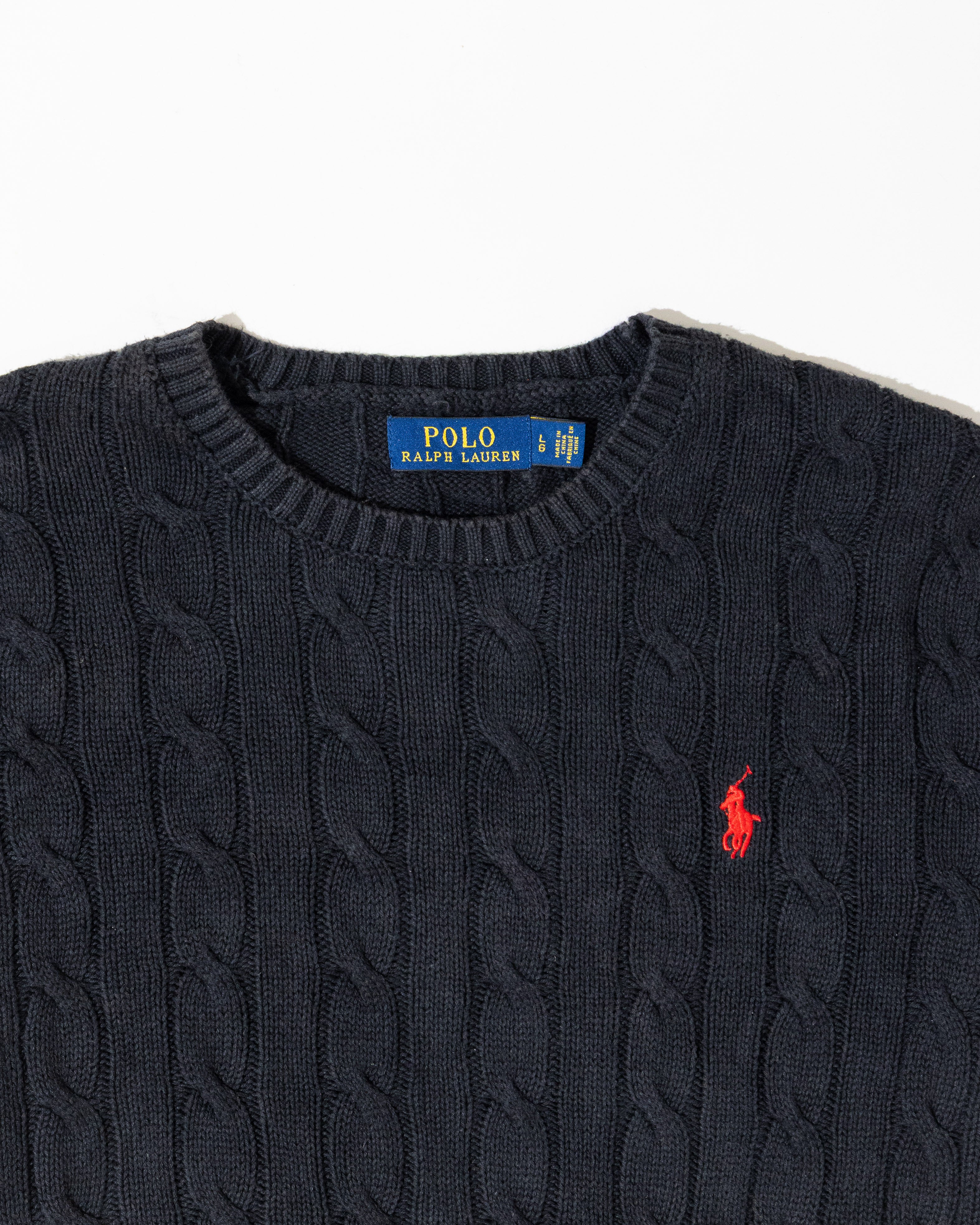 RL Black Cable Knit Sweater & Red Logo (L)