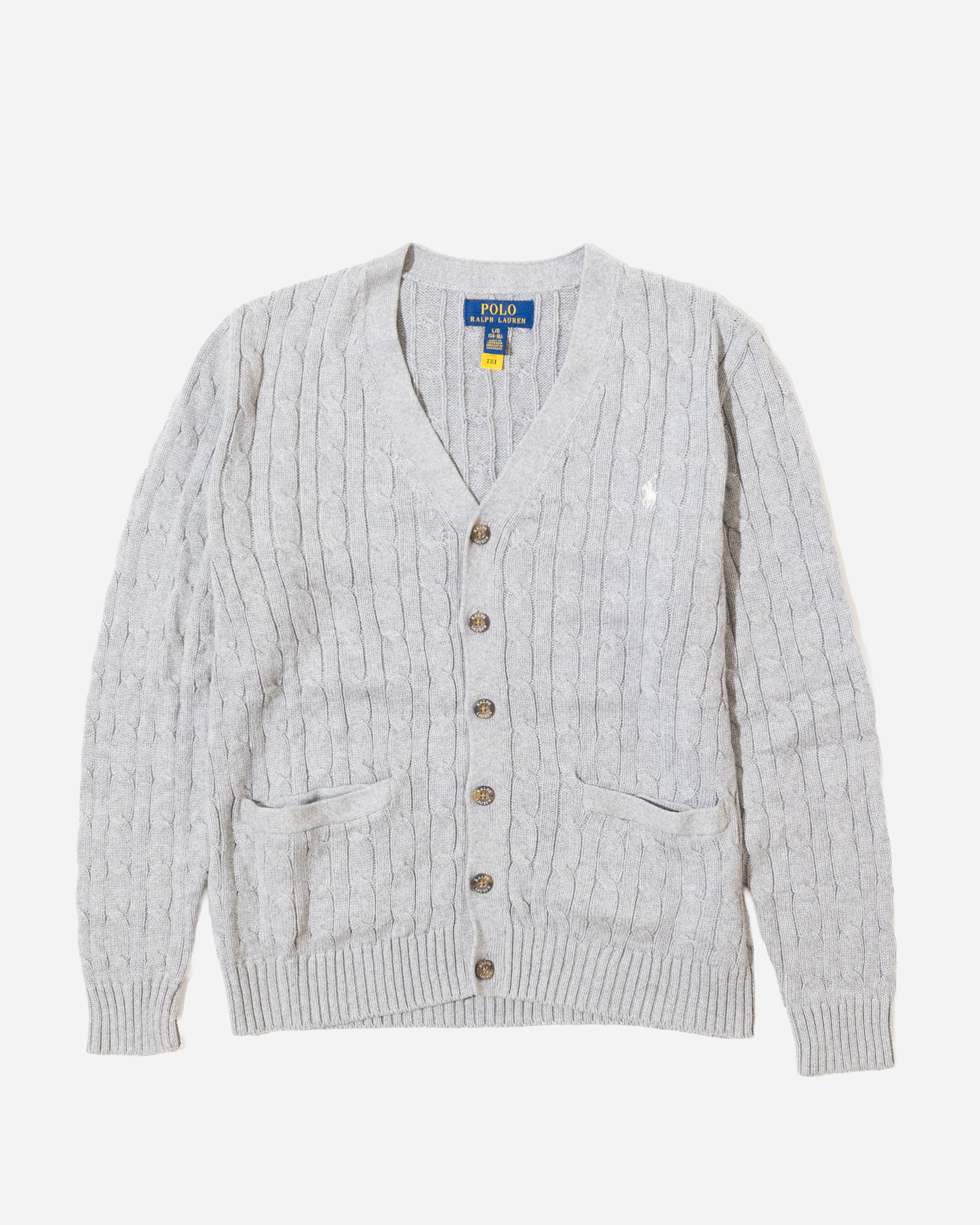 RL Grey Cable Knit Cardigan & Light Logo (L)