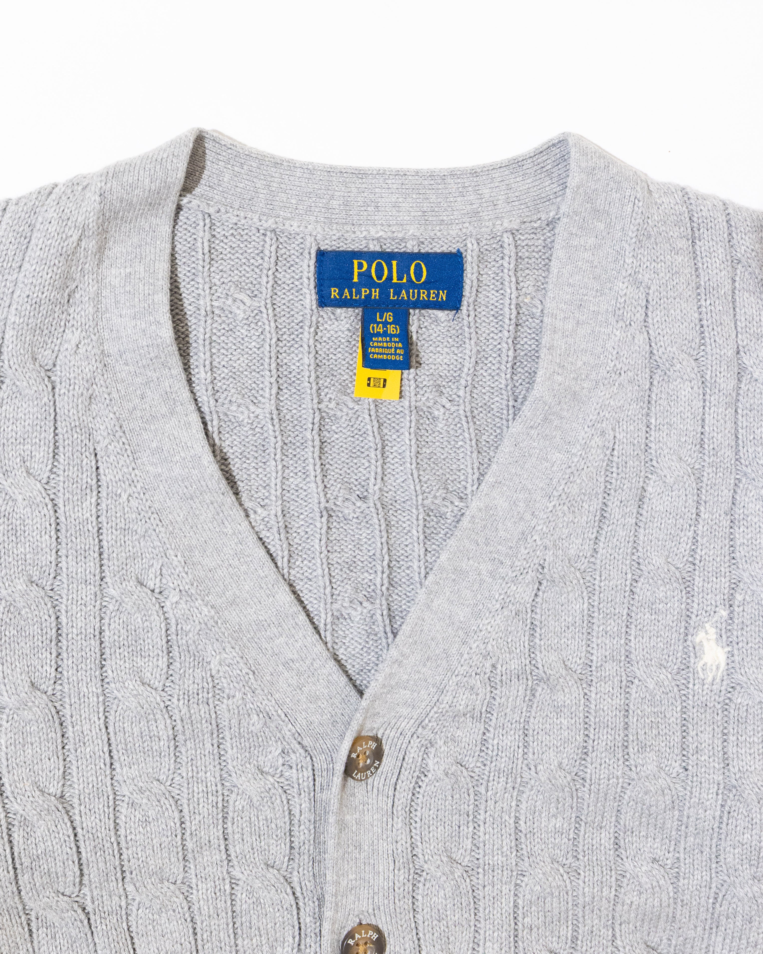 RL Grey Cable Knit Cardigan & Light Logo (L)
