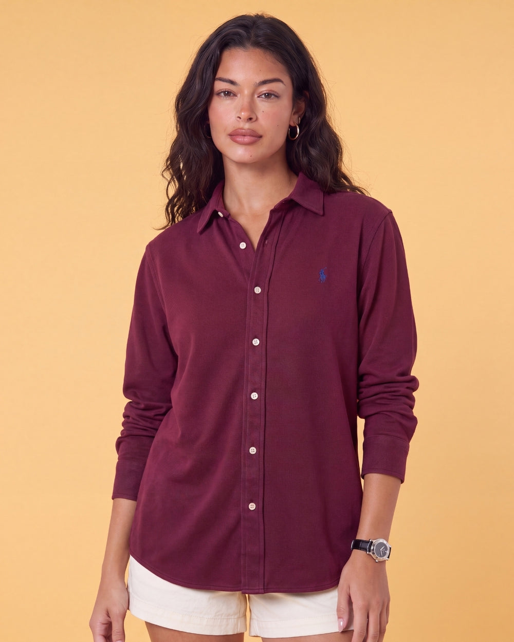 מכופתרת משי עבה בד פיקה בורדו לוגו נייבי Polo Ralph Lauren