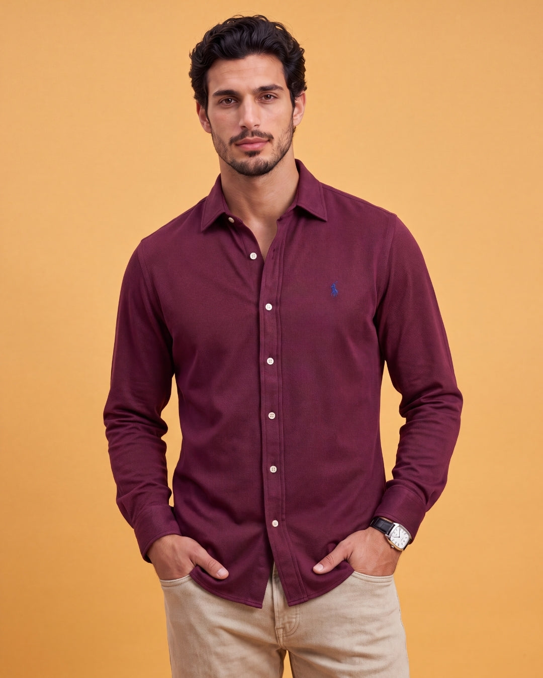 מכופתרת משי עבה בד פיקה בורדו לוגו נייבי Polo Ralph Lauren