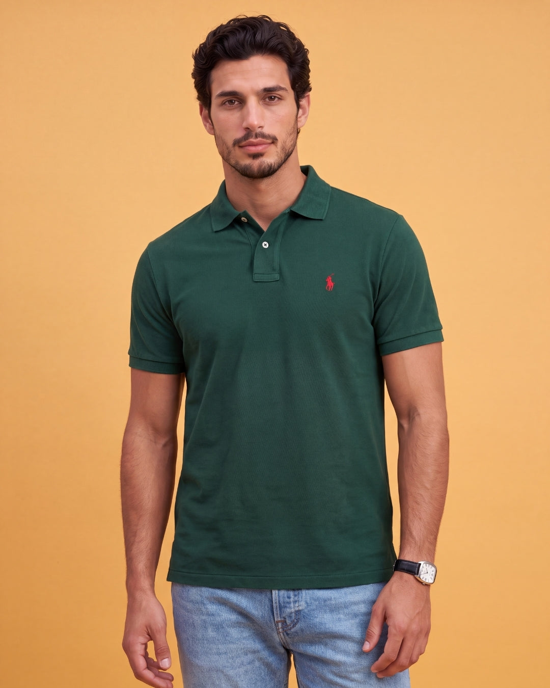 חולצת פולו בד פיקה ירוק בקבוק לוגו אדום Polo Ralph Lauren