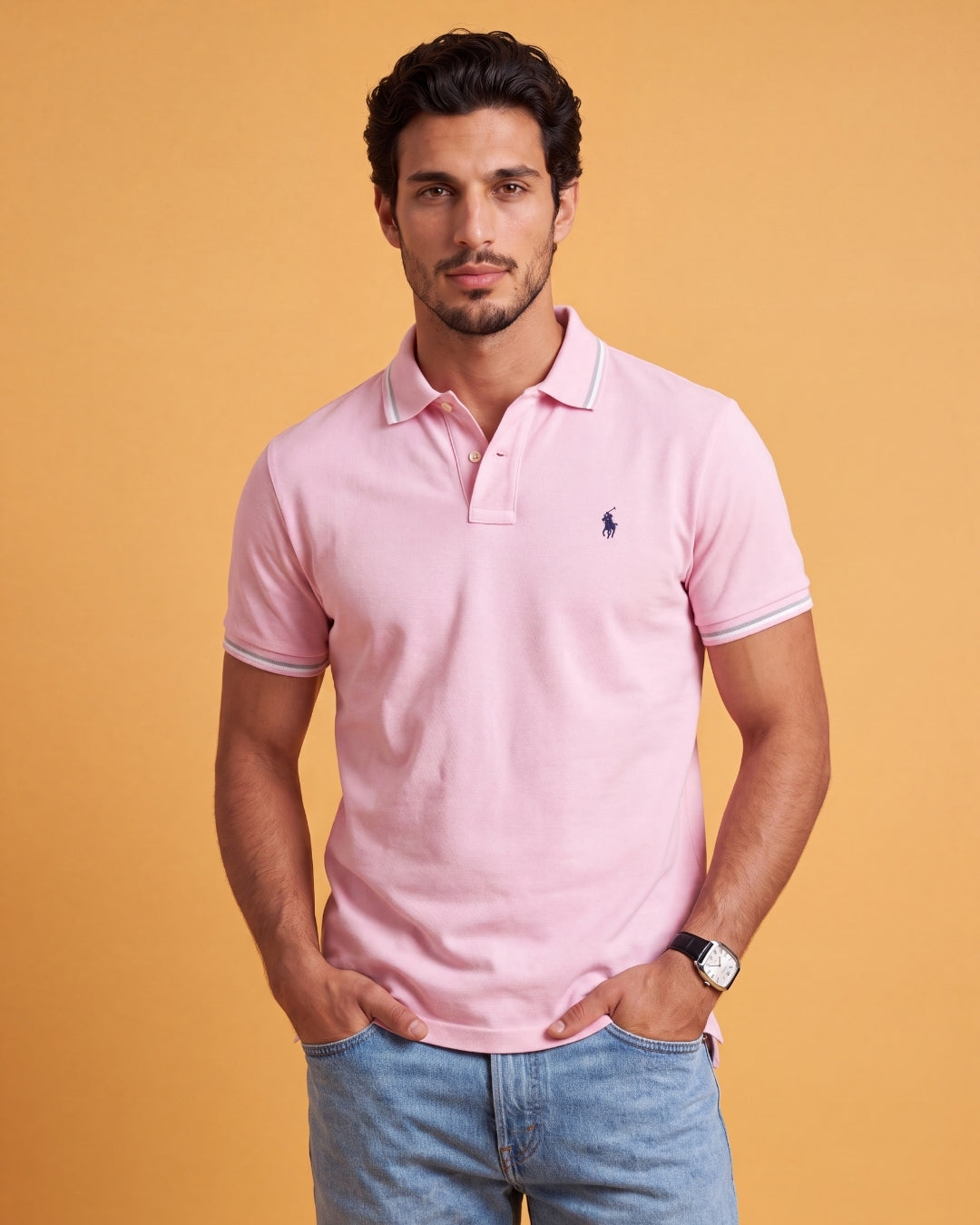 חולצת פולו בד משי ורודה לוגו נייבי Polo Ralph Lauren
