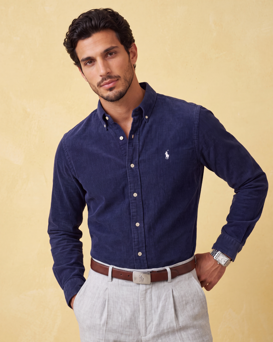 מכופתרת כותנה בד רך פסים כחולים לוגו לבן Polo Ralph Lauren
