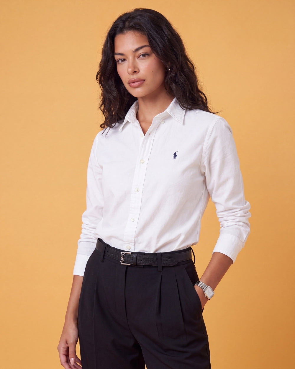 מכופתרת כותנה לבנה לוגו נייבי Polo Ralph Lauren
