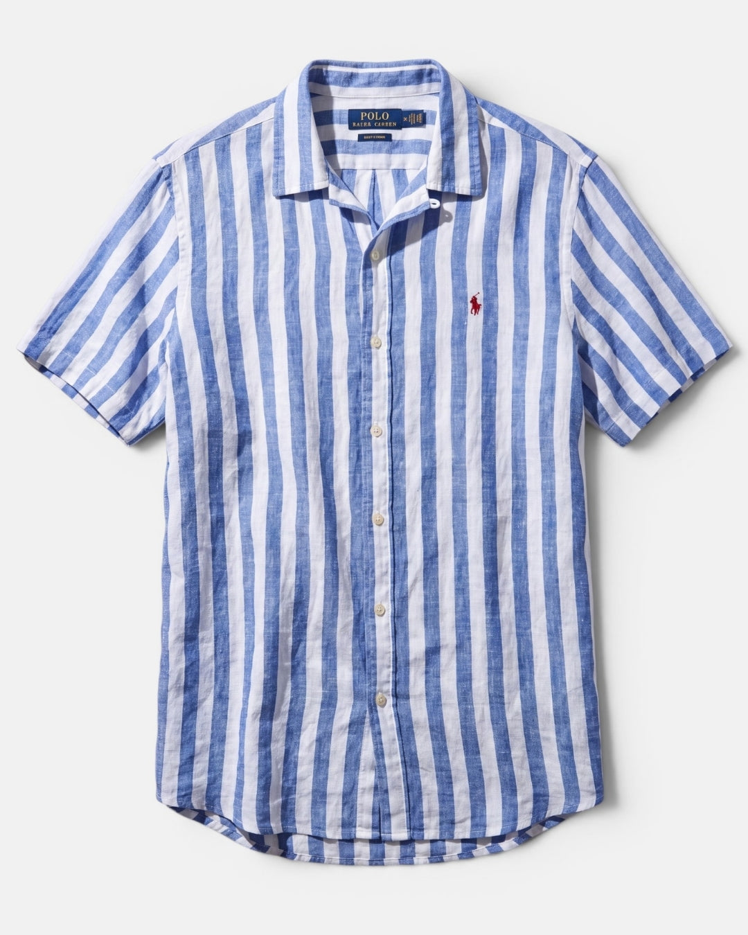מכופתרת פשתן קצרה פסים תכלת-לבן לוגו אדום Polo Ralph Lauren