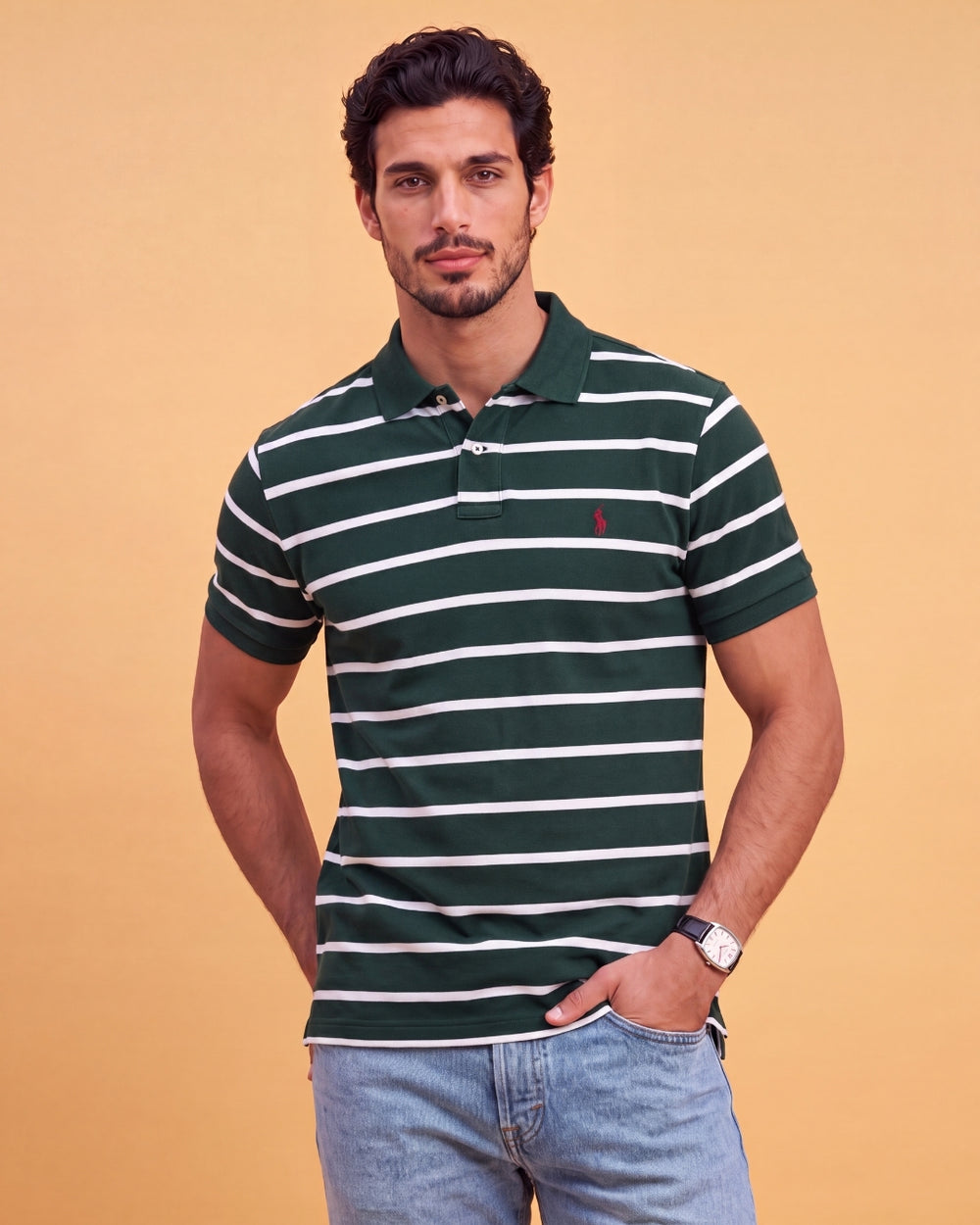 חולצת פולו כותנה פסים לבן-ירוק לוגו אדום Polo Ralph Lauren