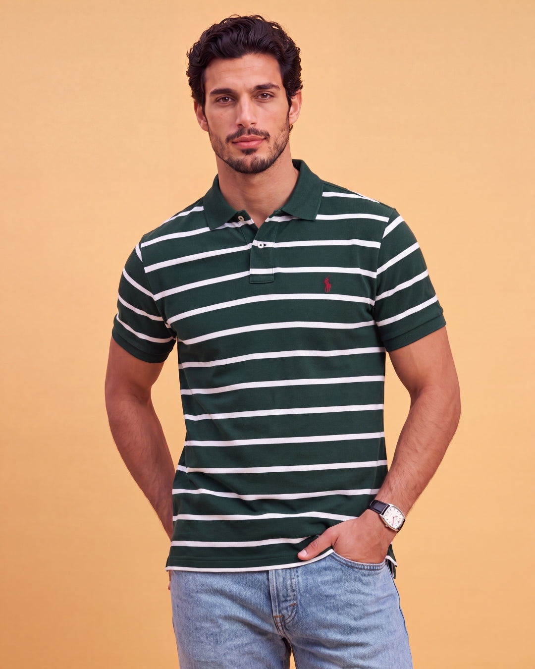 חולצת פולו כותנה פסים לבן-ירוק לוגו אדום Polo Ralph Lauren