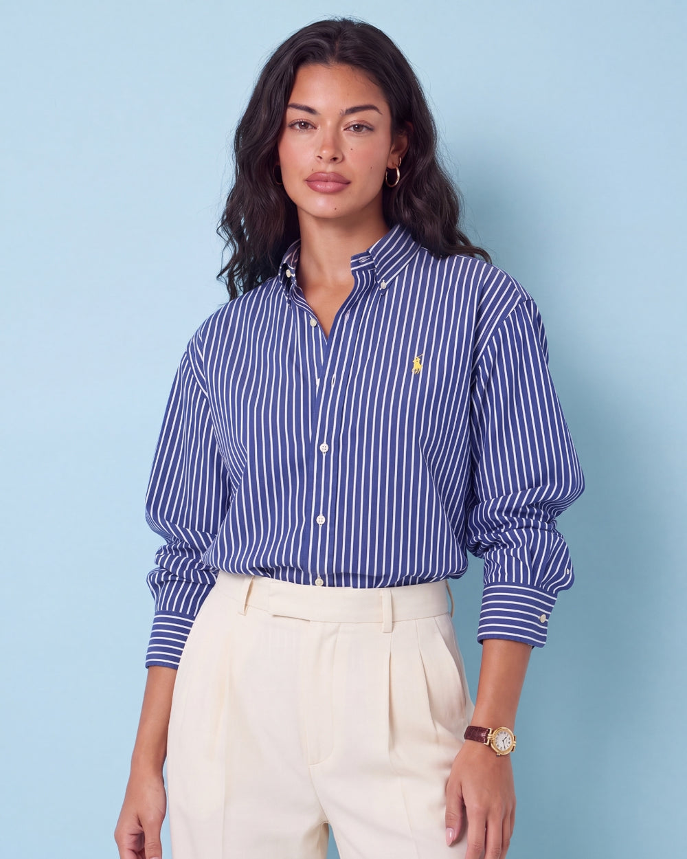 מכופתרת כותנה פסים נייבי-לבן לוגו זהב Polo Ralph Lauren