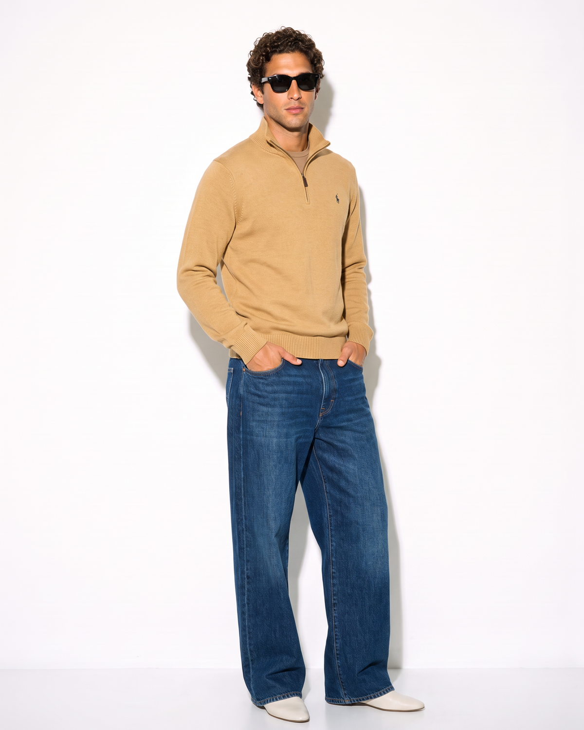 סריג חצי רוכסן חום חרדל לוגו אפור Polo Ralph Lauren