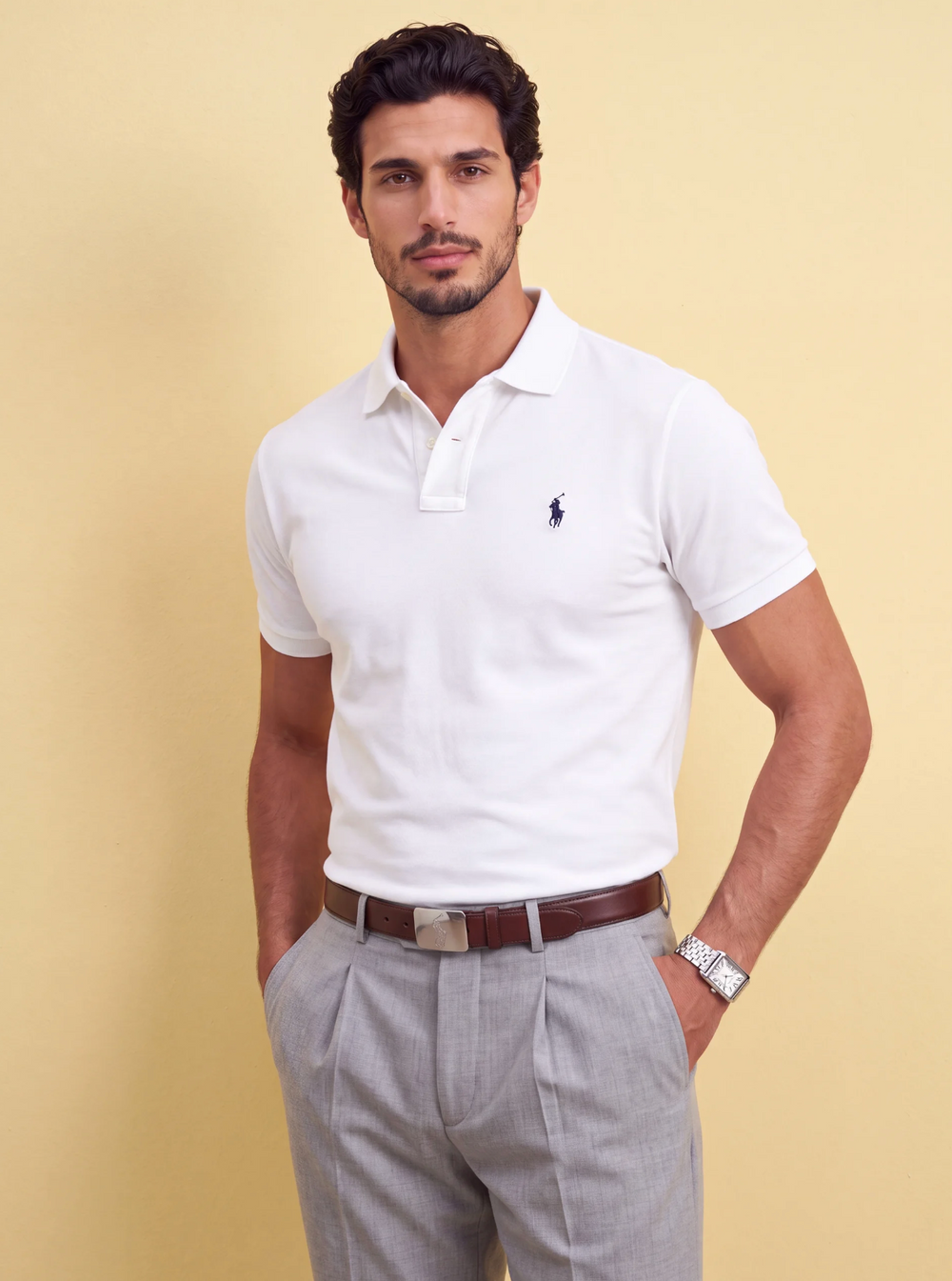 חולצת פולו בד פיקה לבנה לוגו נייבי Polo Ralph Lauren