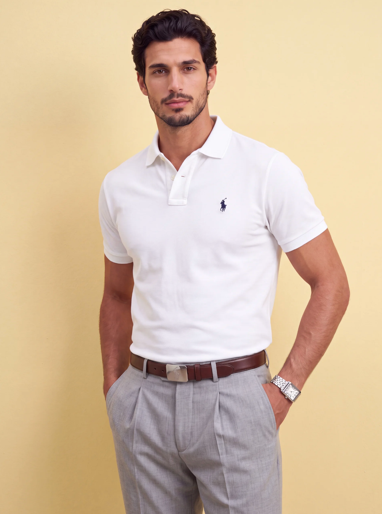 חולצת פולו בד פיקה לבנה לוגו נייבי Polo Ralph Lauren