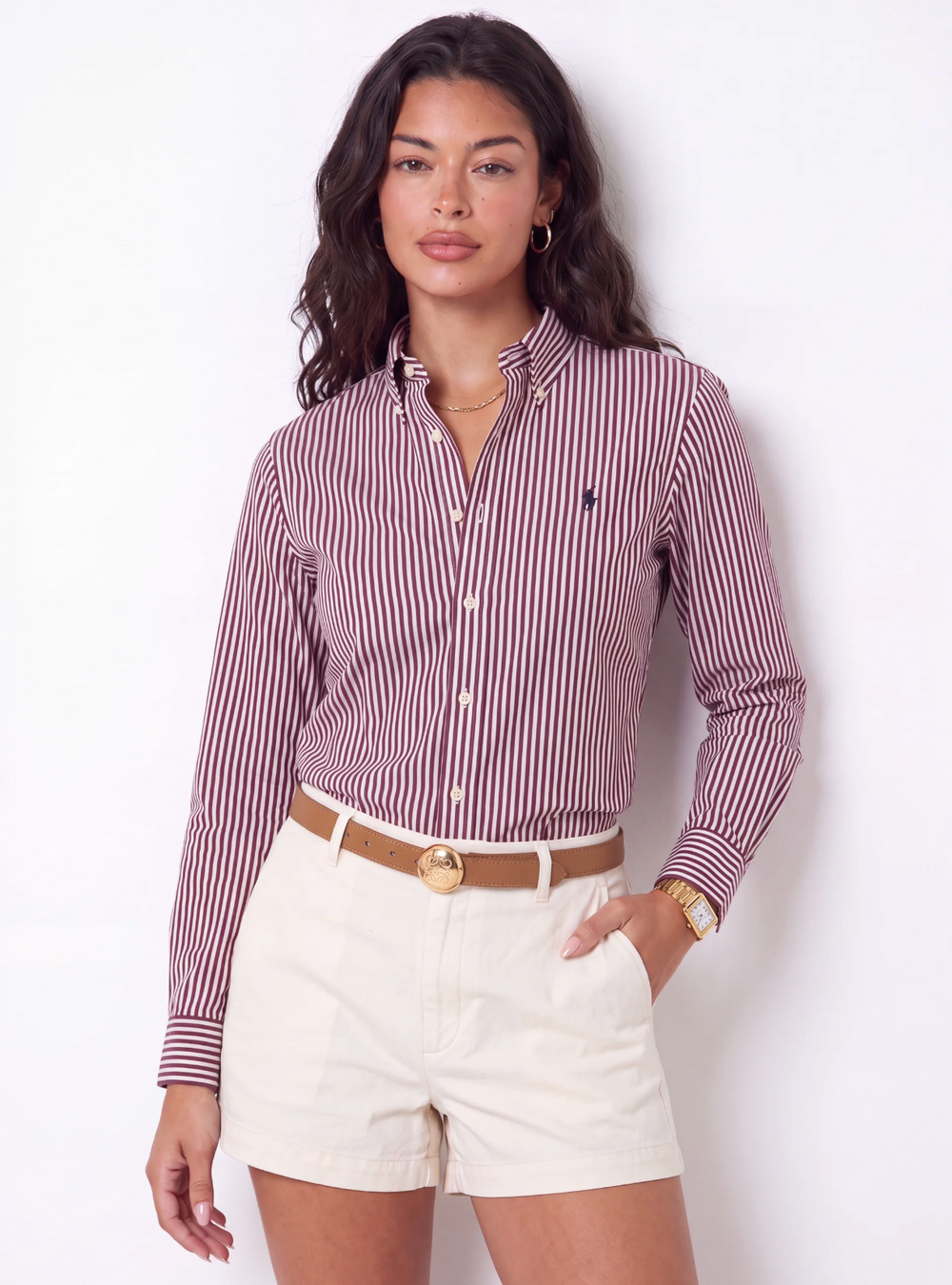 מכופתרת כותנה פסים לבן-בורדו לוגו נייבי Polo Ralph Lauren