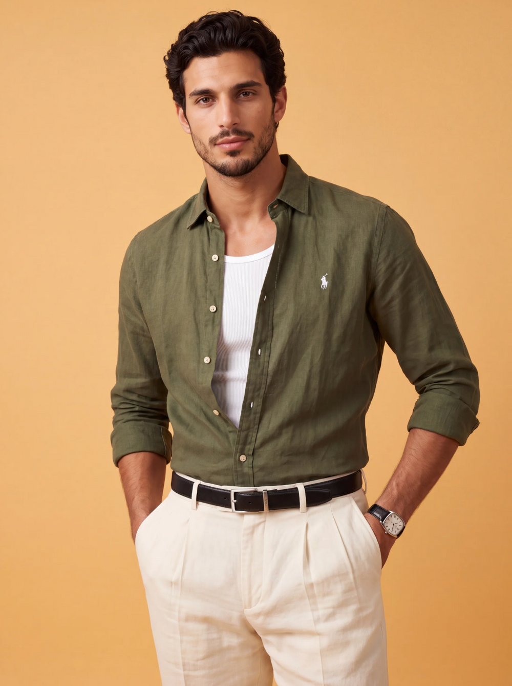 מכופתרת פשתן ירוקה לוגו לבן Polo Ralph Lauren